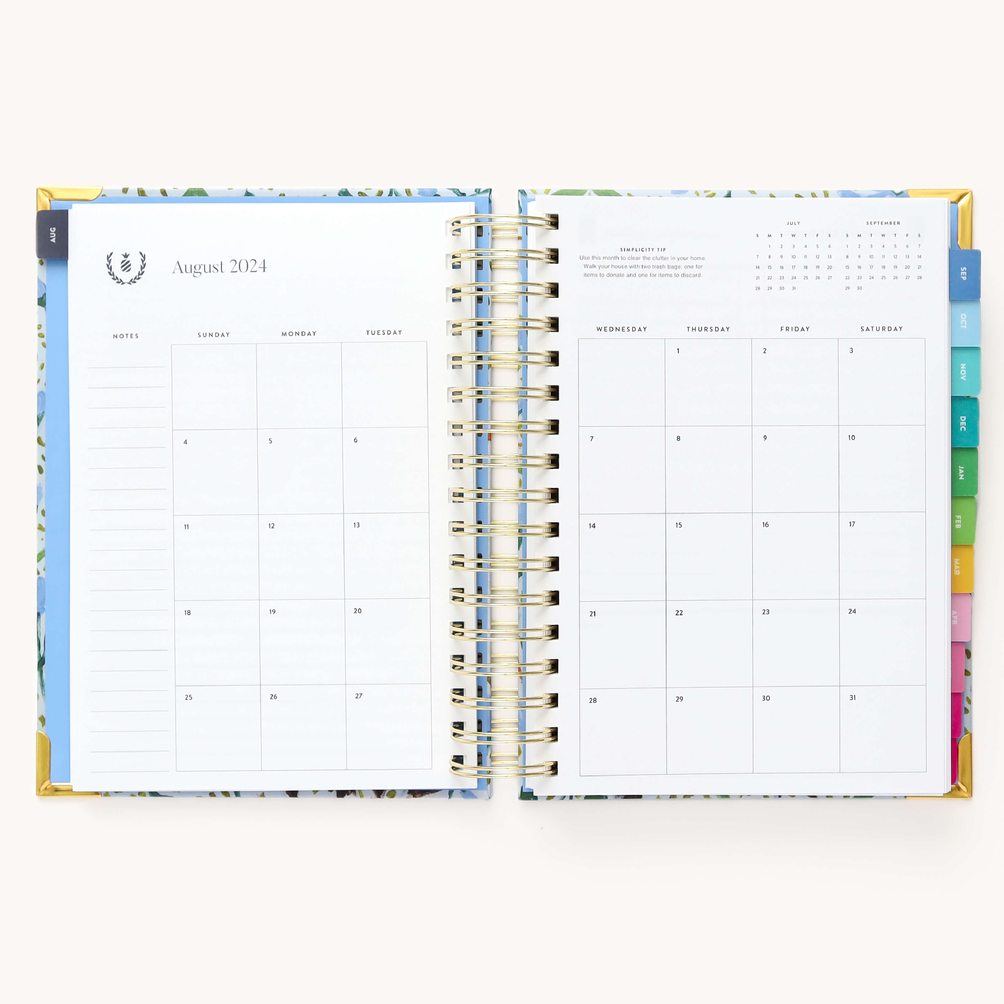 Monthly calendar spread in the 2024-2025 Daily Simplified Planner by Emily Ley in the Beaufort Birdies cover design featuring a clean, minimalistic layout with space for goal setting, appointments, and important dates.