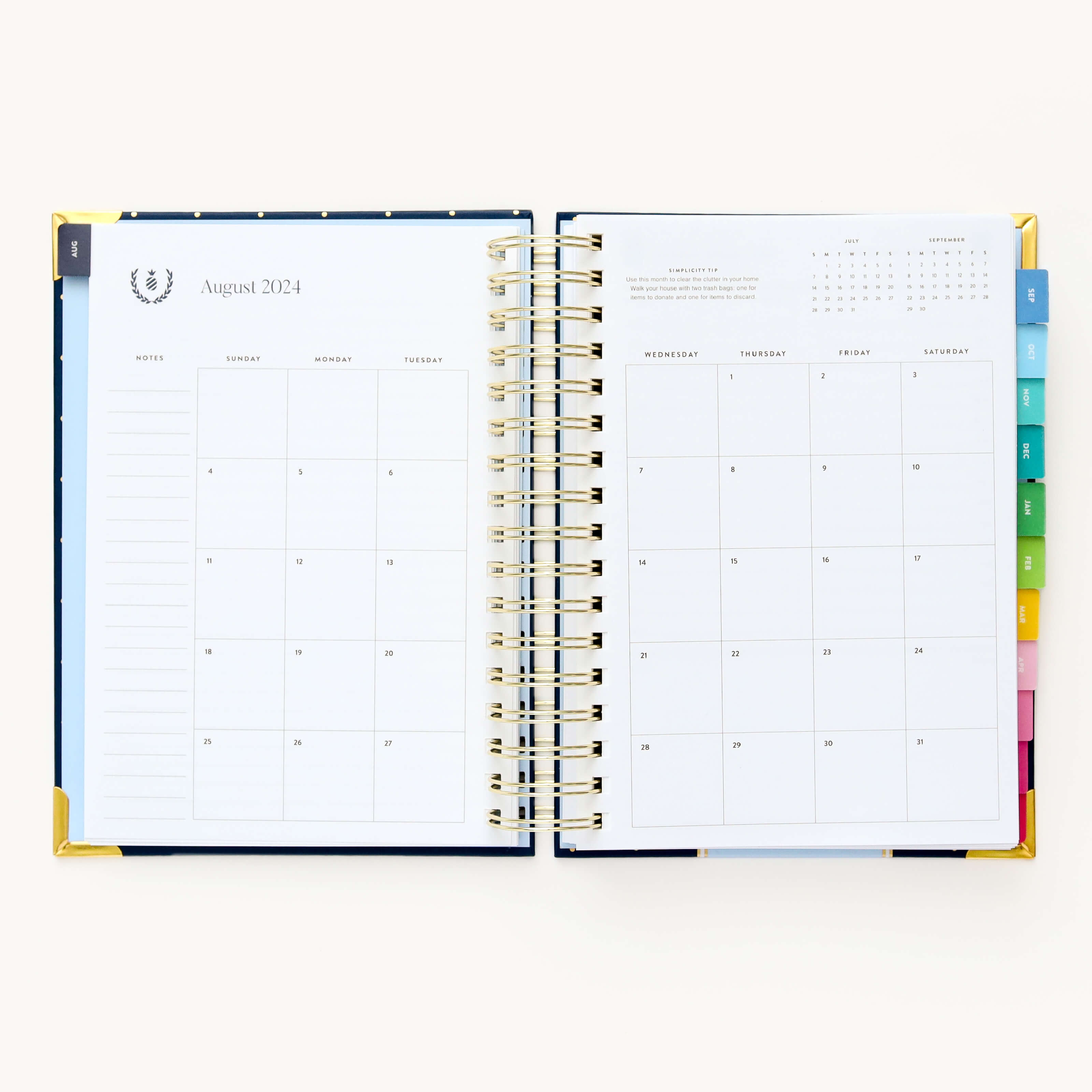 Monthly calendar spread in the 2024-2025 Daily Simplified Planner by Emily Ley in the Dainty Dot cover design featuring a clean, minimalistic layout with space for goal setting, appointments, and important dates.