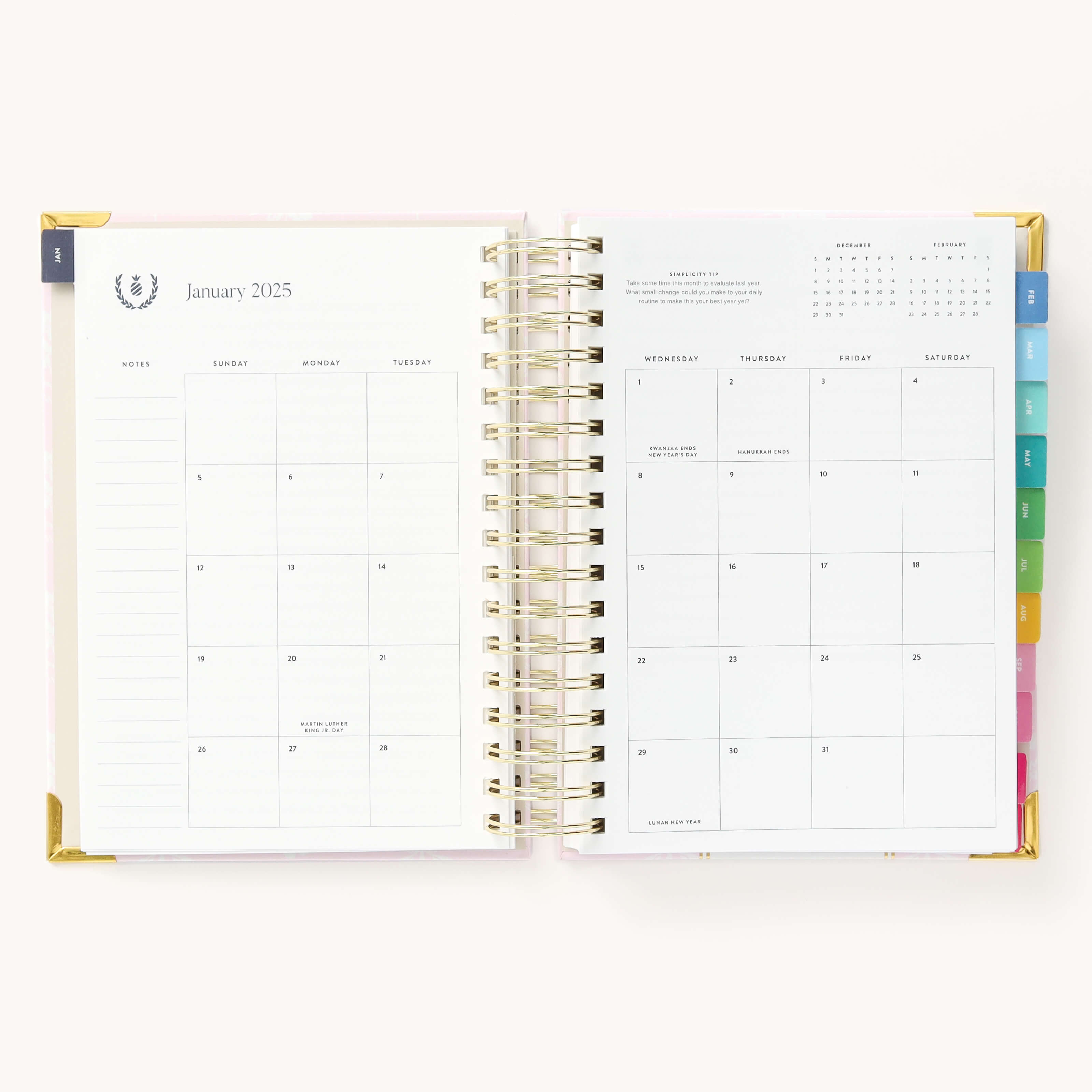 Monthly calendar spread in the 2025 Daily Simplified Planner by Emily Ley in the Blush Block cover design featuring a clean, minimalistic layout with space for goal setting, appointments, and important dates.