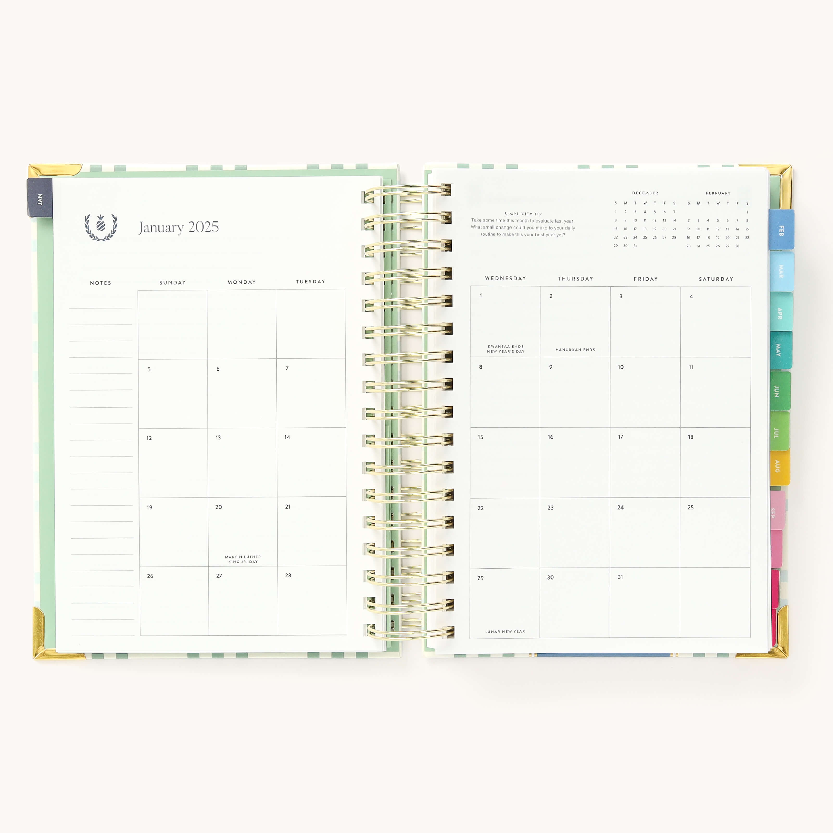 Monthly calendar spread in the 2025 Daily Simplified Planner by Emily Ley in the Pistachio Plaid cover design featuring a clean, minimalistic layout with space for goal setting, appointments, and important dates.