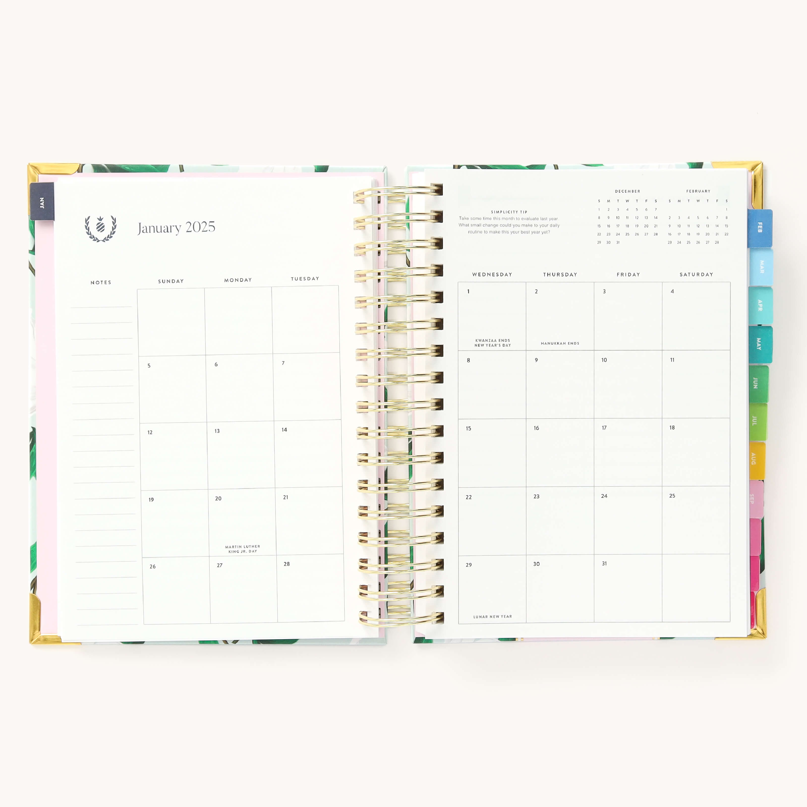 Monthly calendar spread in the 2025 Daily Simplified Planner by Emily Ley in the Savannah Blooms cover design featuring a clean, minimalistic layout with space for goal setting, appointments, and important dates.