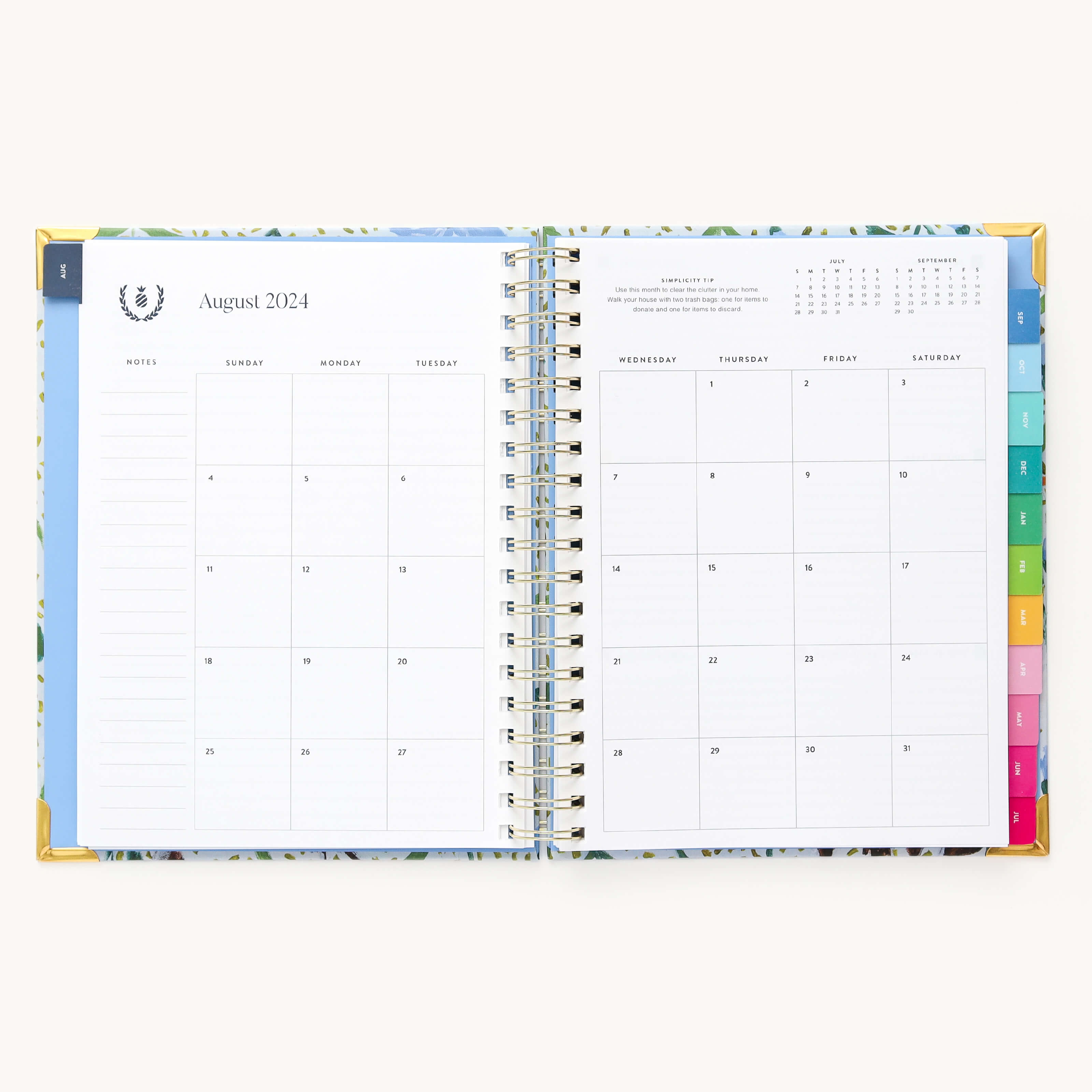 Monthly calendar spread in the 2024-2025 Weekly Simplified Planner by Emily Ley in the Beaufort Birdies cover design featuring a clean, minimalistic layout with space for goal setting, appointments, and important dates.