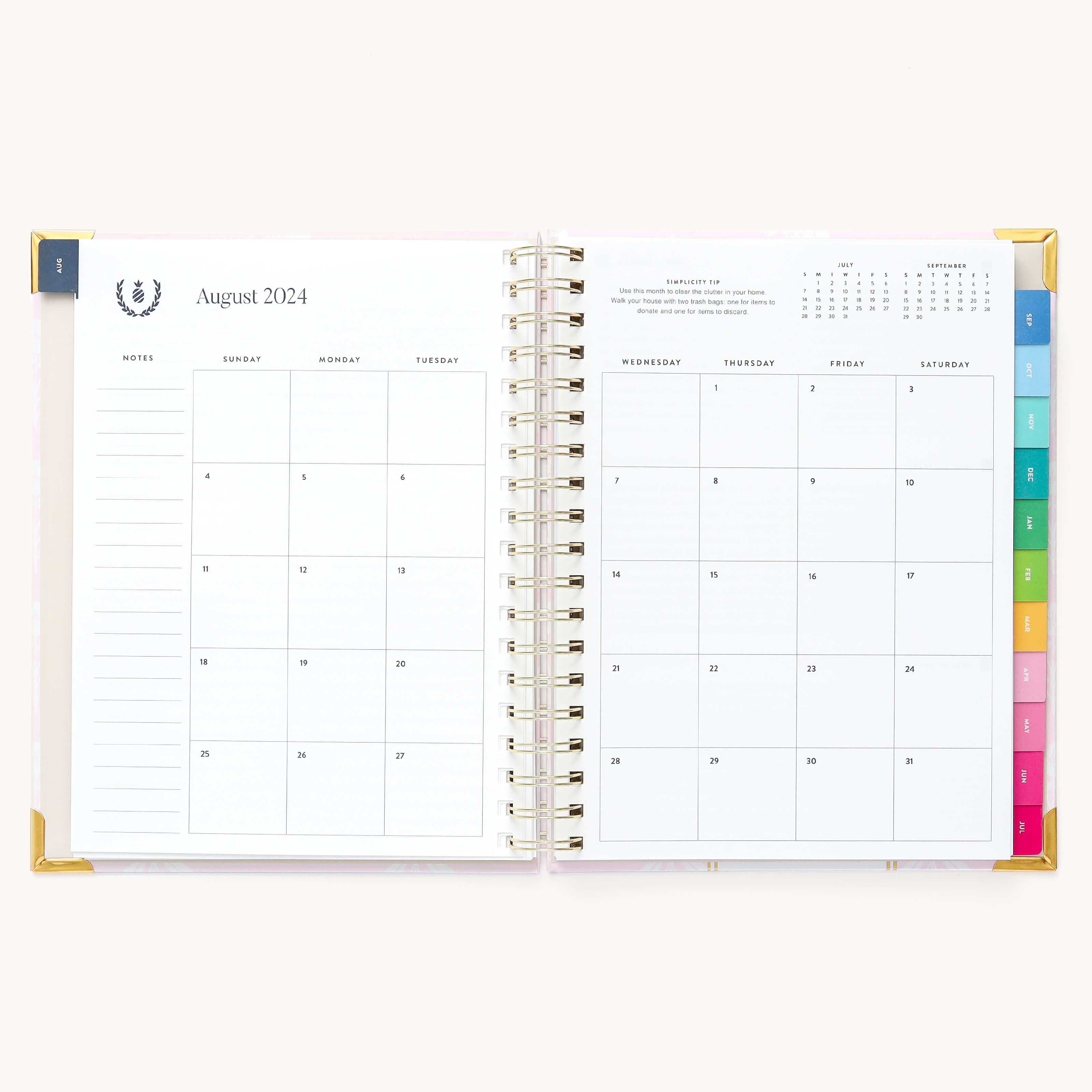 Monthly calendar spread in the 2024-2025 Weekly Simplified Planner by Emily Ley in the Blush Block cover design featuring a clean, minimalistic layout with space for goal setting, appointments, and important dates.