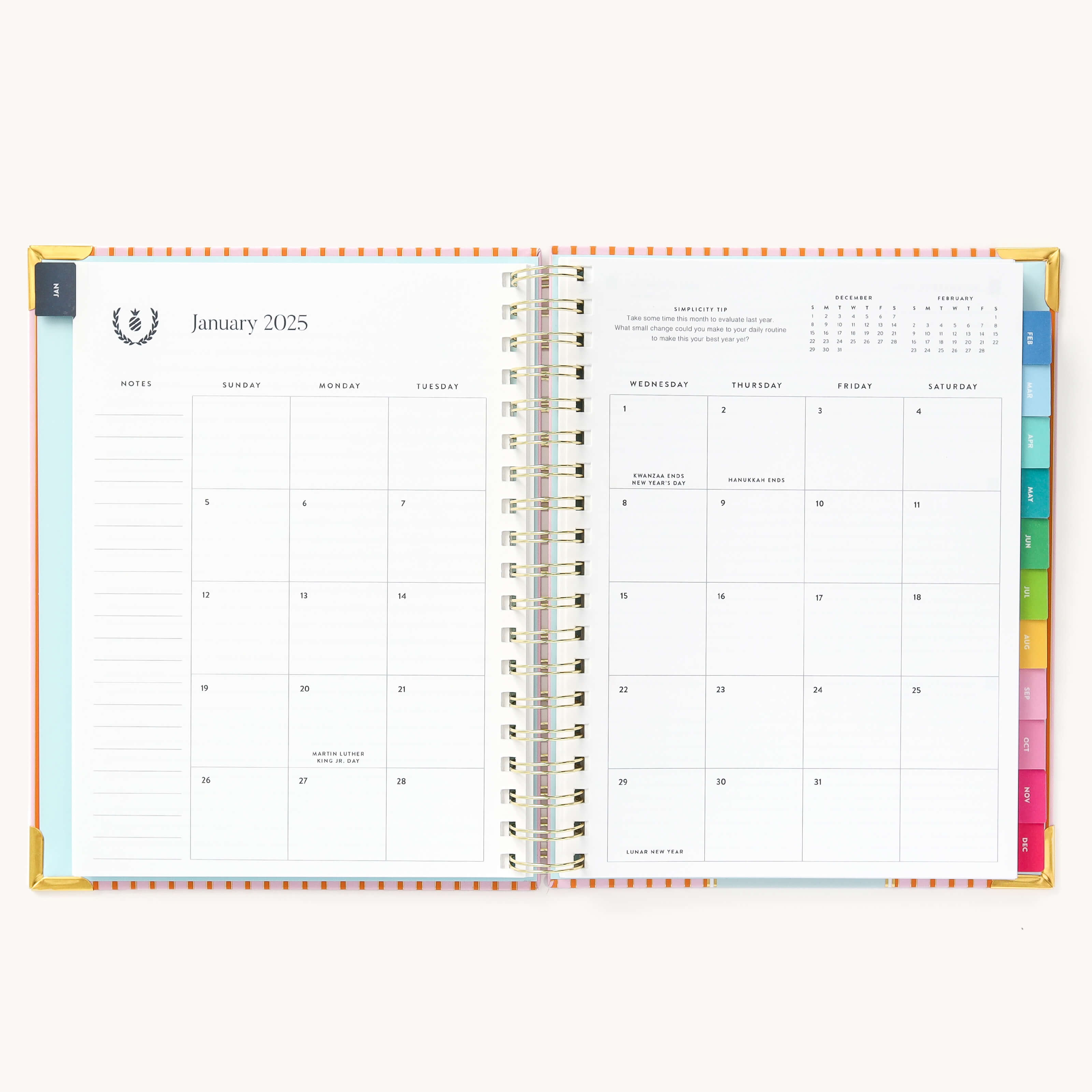 Monthly calendar spread in the 2025 Weekly Simplified Planner by Emily Ley in the Cabana Pinstripe cover design featuring a clean, minimalistic layout with space for goal setting, appointments, and important dates.