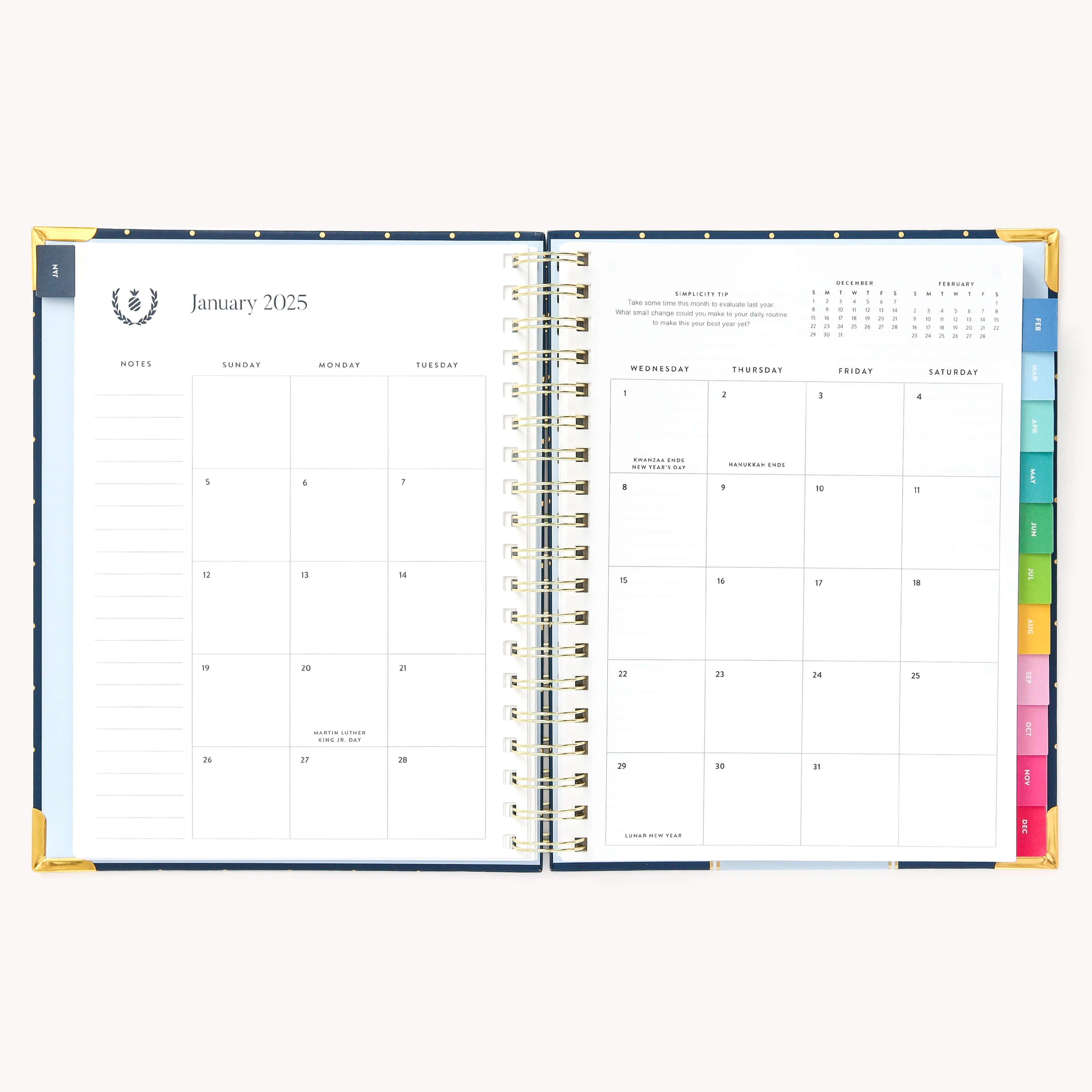 Monthly calendar spread in the 2025 Weekly Simplified Planner by Emily Ley in the Dainty Dot cover design featuring a clean, minimalistic layout with space for goal setting, appointments, and important dates.