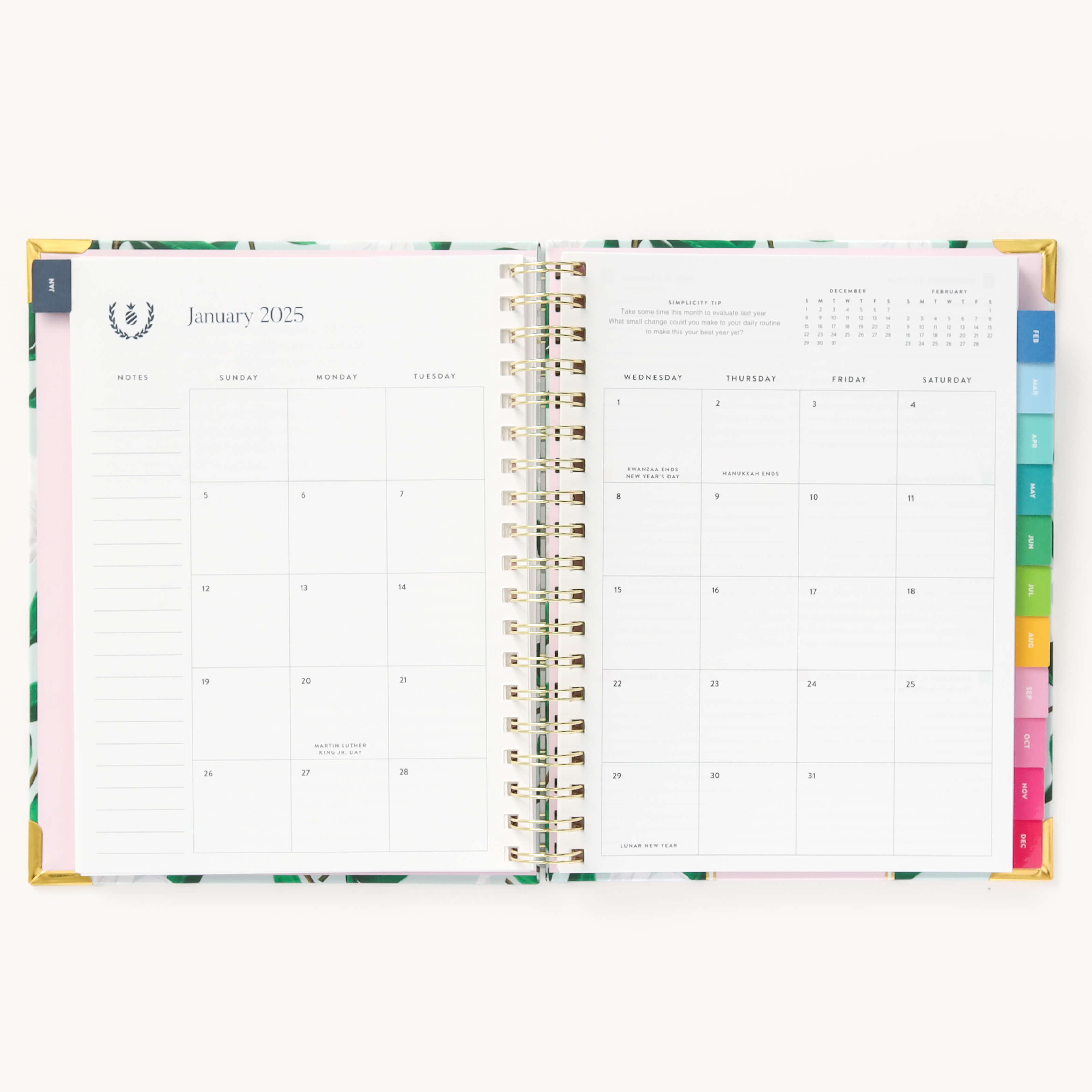 Monthly calendar spread in the 2025 Weekly Simplified Planner by Emily Ley in the Savannah Blooms cover design featuring a clean, minimalistic layout with space for goal setting, appointments, and important dates.