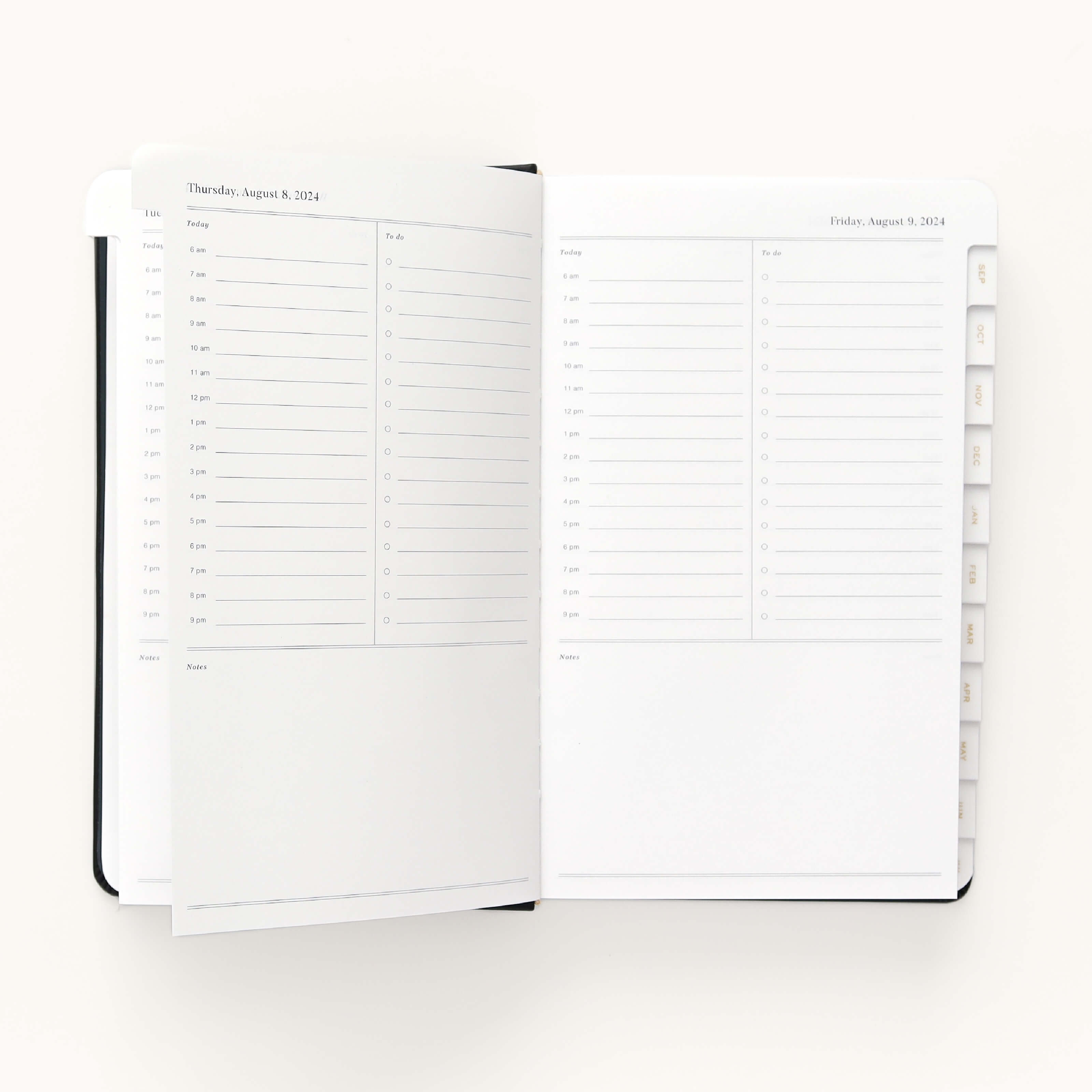 The Simplified 2024-2025 Daily Dapperdesk Planner - Black Tie features an elegant leatherette cover with tabbed sections on the right, covering schedules and notes for Thursday, August 8, 2024, to Friday, August 9, 2024. It is part of a chic 12-month edition.