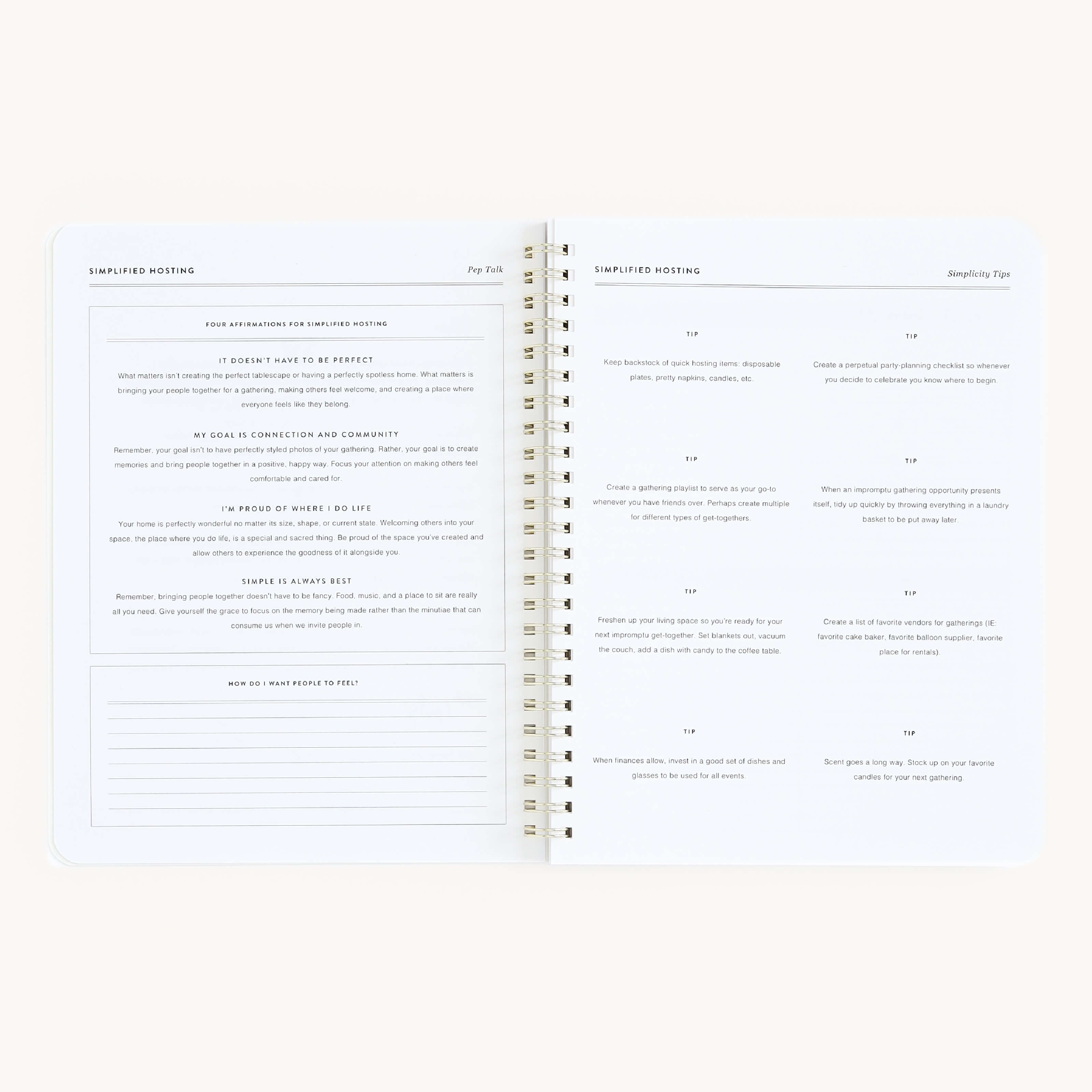 An open spiral-bound Simplified workbook titled Hosting features the left page with sections on event planning and gathering goals, while hosting tips fill the right. It boasts a clean layout, resembling a well-organized guide with ample white space.