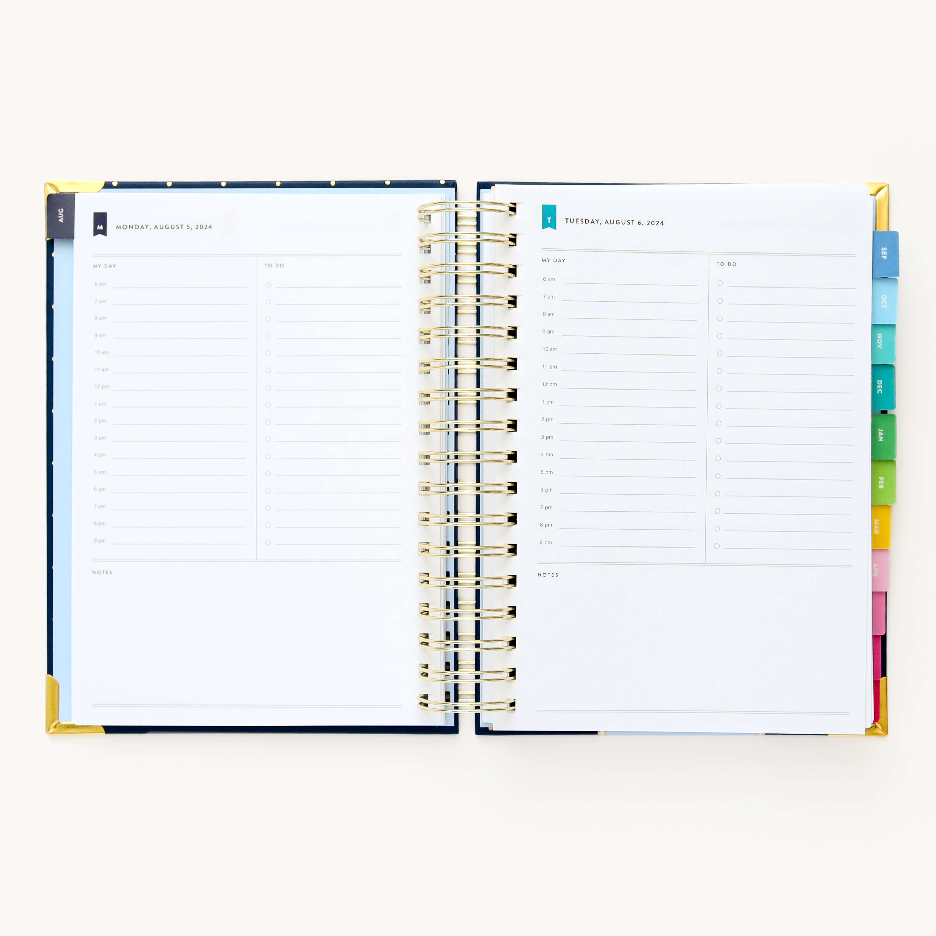 2024-2025 Daily Simplified Planner by Emily Ley in the Dainty Dot cover design open to a two-page daily spread featuring Monday and Tuesday. Features a clean, minimalistic design with lined sections for daily tasks, to-do lists, and notes. Includes color-coded weekday labels, durable spiral binding, and gold corner protectors. 