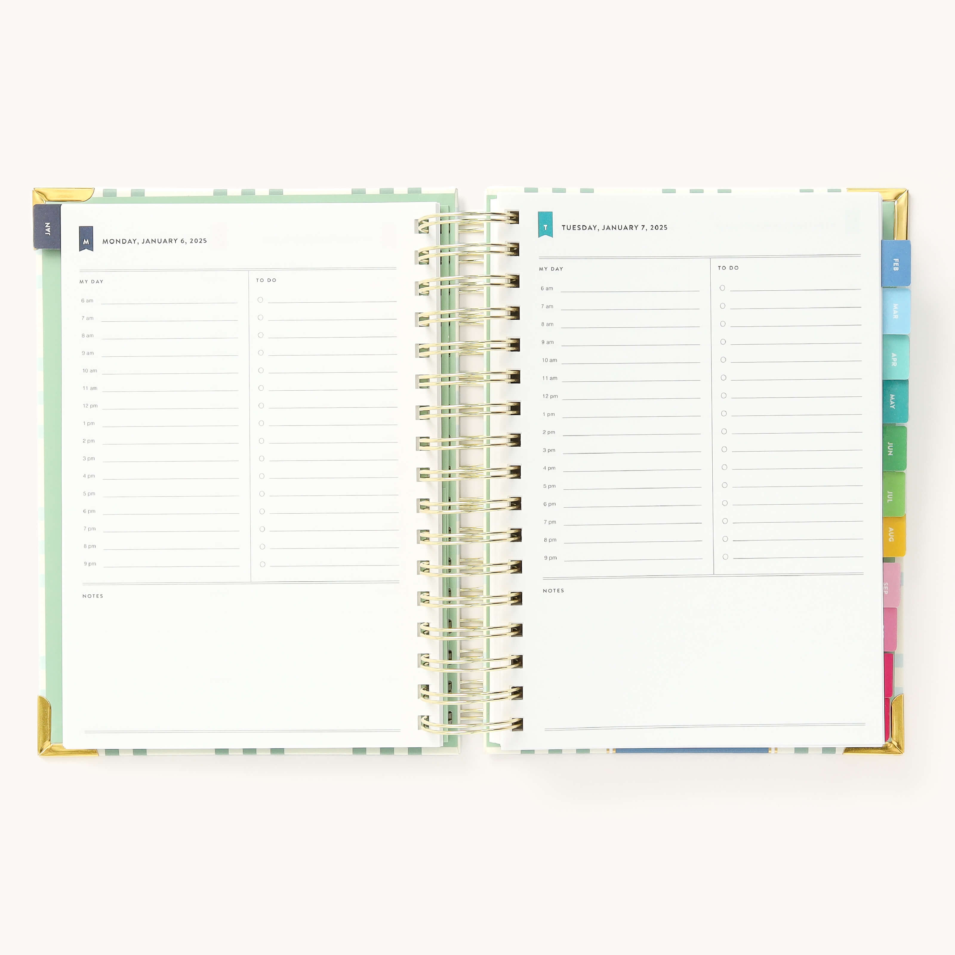 2025 Daily Simplified Planner by Emily Ley in the Pistachio Plaid cover design open to a two-page daily spread featuring Monday and Tuesday. Features a clean, minimalistic design with lined sections for daily tasks, to-do lists, and notes. Includes color-coded weekday labels, durable spiral binding, and gold corner protectors. 