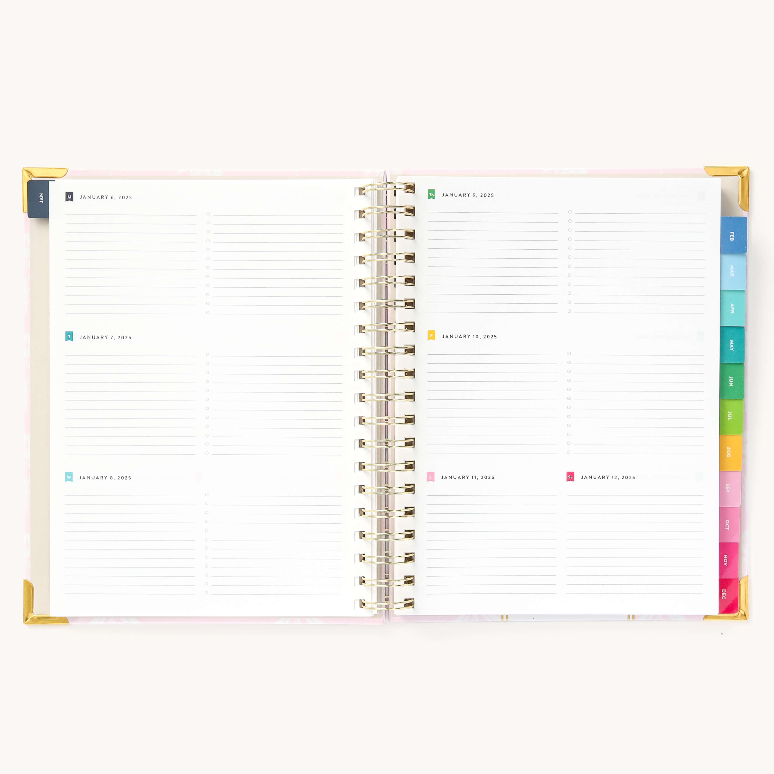 2025 Weekly Simplified Planner by Emily Ley in the Blush Block cover design open to a two-page weekly spread. Features a clean, minimalistic design with lined sections for daily tasks, to-do lists, and notes. Includes color-coded weekday labels, durable spiral binding, and gold corner protectors. 