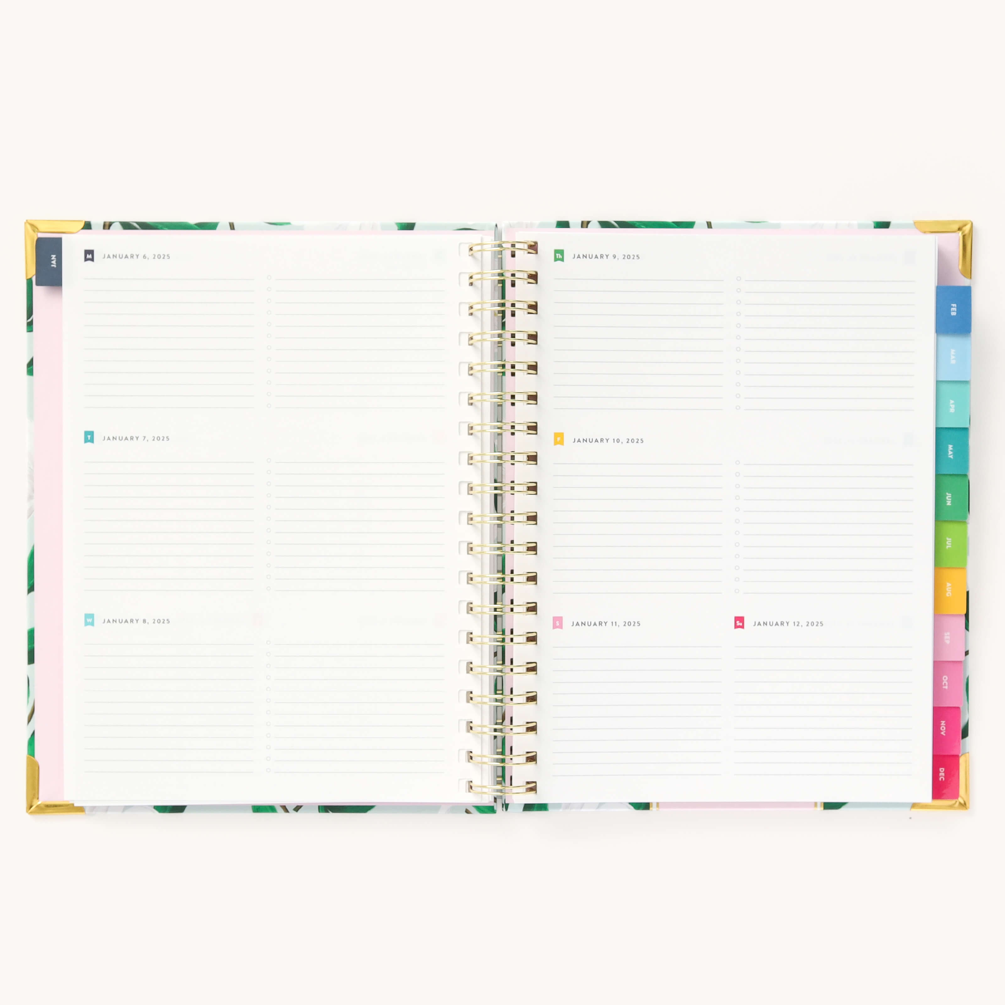 2025 Weekly Simplified Planner by Emily Ley in the Savannah Blooms cover design open to a two-page weekly spread. Features a clean, minimalistic design with lined sections for daily tasks, to-do lists, and notes. Includes color-coded weekday labels, durable spiral binding, and gold corner protectors. 