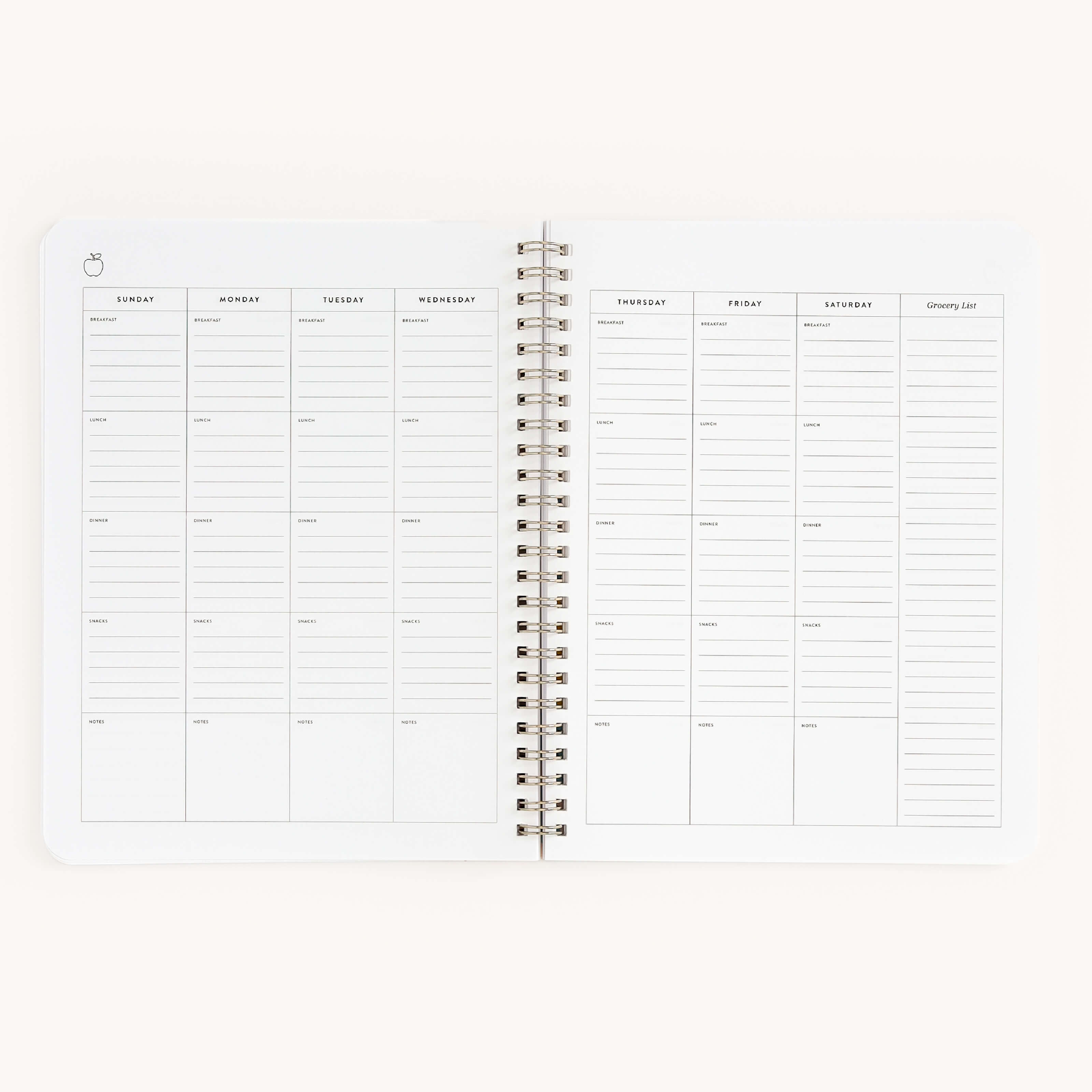 The Simplified Workbook - Meal Planning is a spiral-bound planner with a minimalist weekly layout from Sunday to Saturday. It features time slots from 6 AM to 7 PM, except reduced slots on Sunday, plus a Grocery List section for organized shopping.