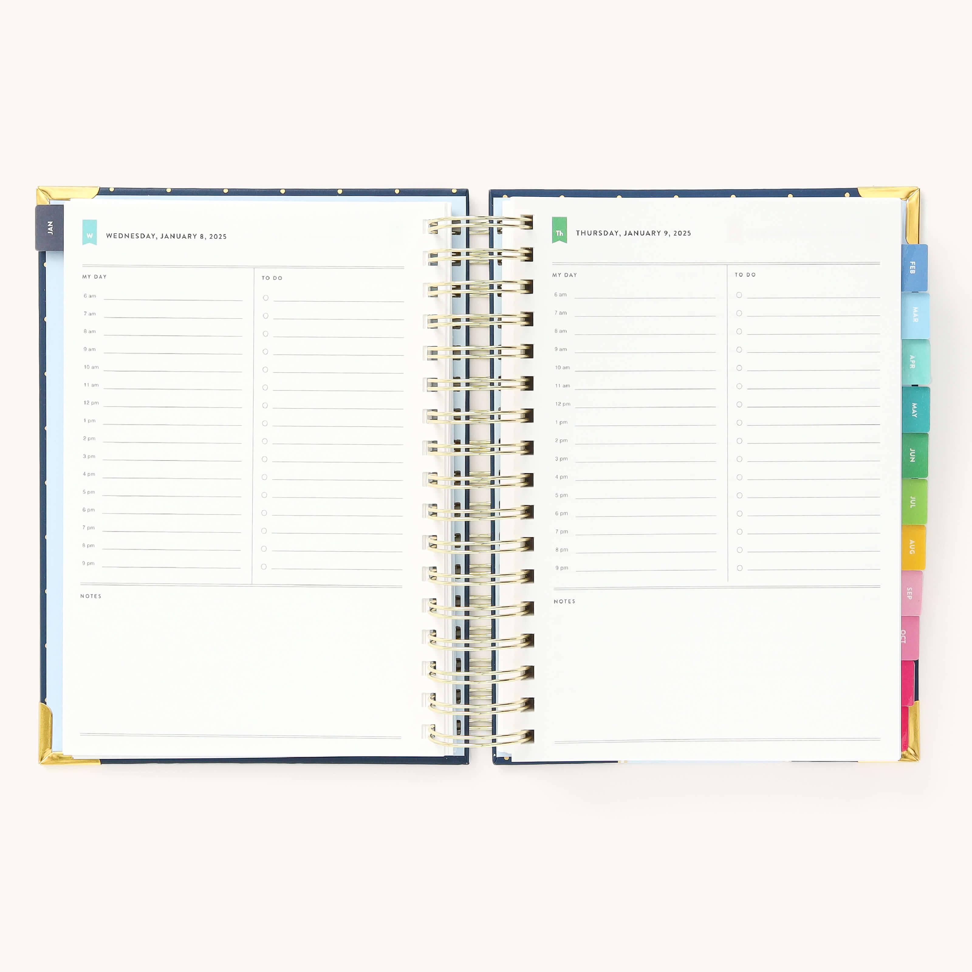 2025 Daily Simplified Planner by Emily Ley in the Dainty Dot cover design open to a two-page daily spread featuring Wednesday and Thursday. Features a clean, minimalistic design with lined sections for daily tasks, to-do lists, and notes. Includes color-coded weekday labels, durable spiral binding, and gold corner protectors. 