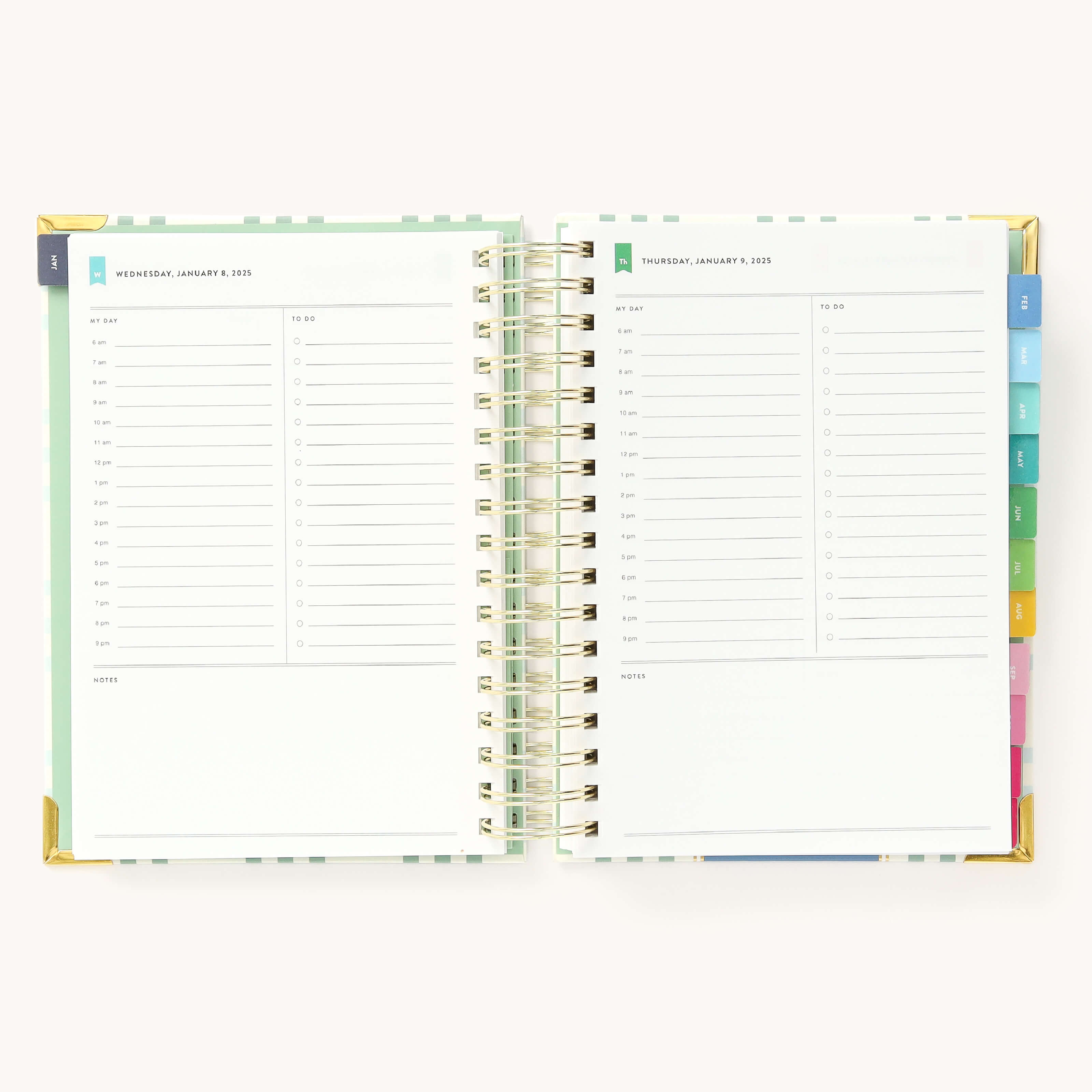 2025 Daily Simplified Planner by Emily Ley in the Pistachio Plaid cover design open to a two-page daily spread featuring Wednesday and Thursday. Features a clean, minimalistic design with lined sections for daily tasks, to-do lists, and notes. Includes color-coded weekday labels, durable spiral binding, and gold corner protectors. 