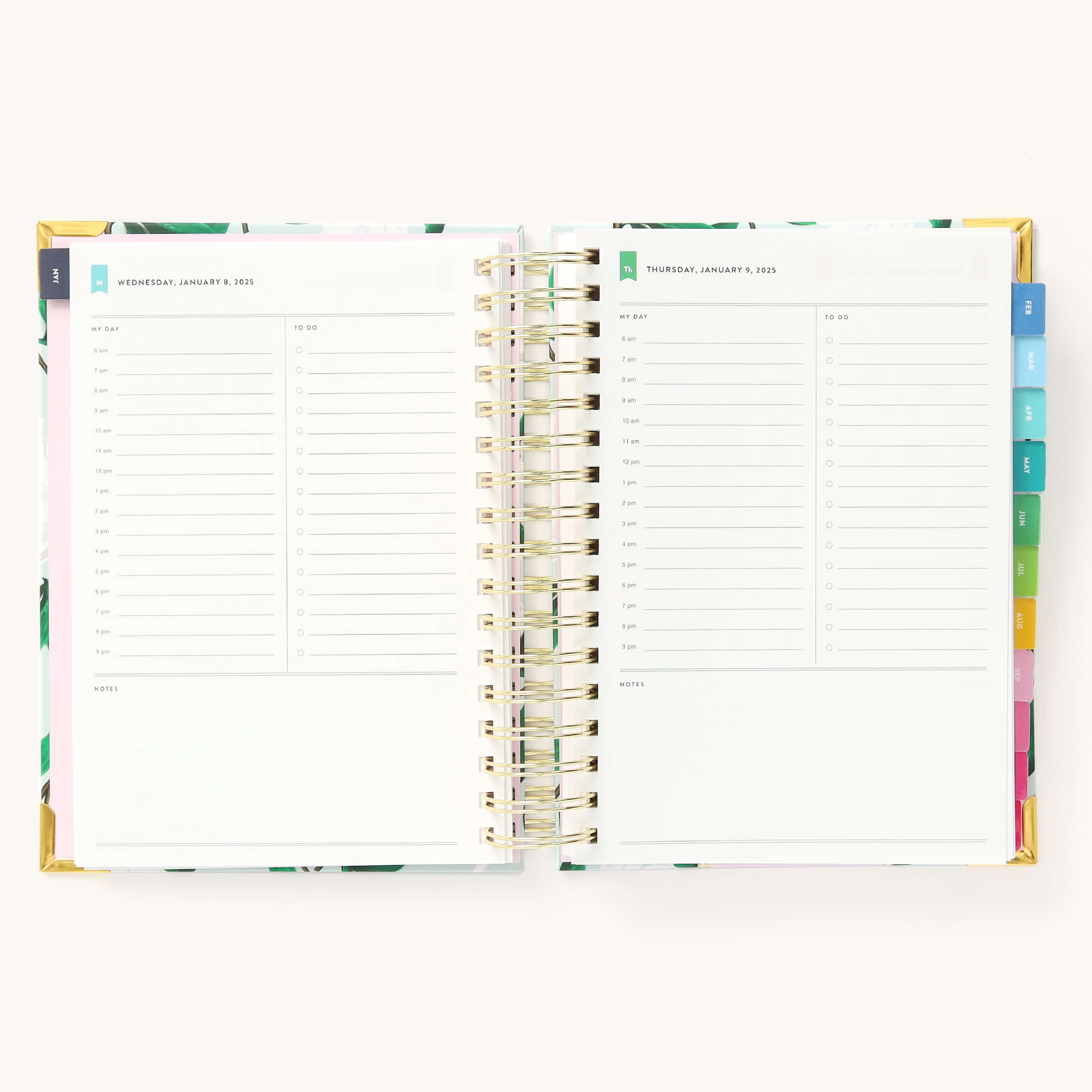 2025 Daily Simplified Planner by Emily Ley in the Savannah Blooms cover design open to a two-page daily spread featuring Wednesday and Thursday. Features a clean, minimalistic design with lined sections for daily tasks, to-do lists, and notes. Includes color-coded weekday labels, durable spiral binding, and gold corner protectors. 