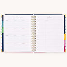 Undated Teacher Planner by Emily Ley open to the School Year Monthly Overview and Daily Overview pages. The left page features a 12-month planning spread with lined sections for each month, perfect for long-term classroom organization. The right page includes a structured daily schedule with time slots and activity sections for efficient lesson planning.