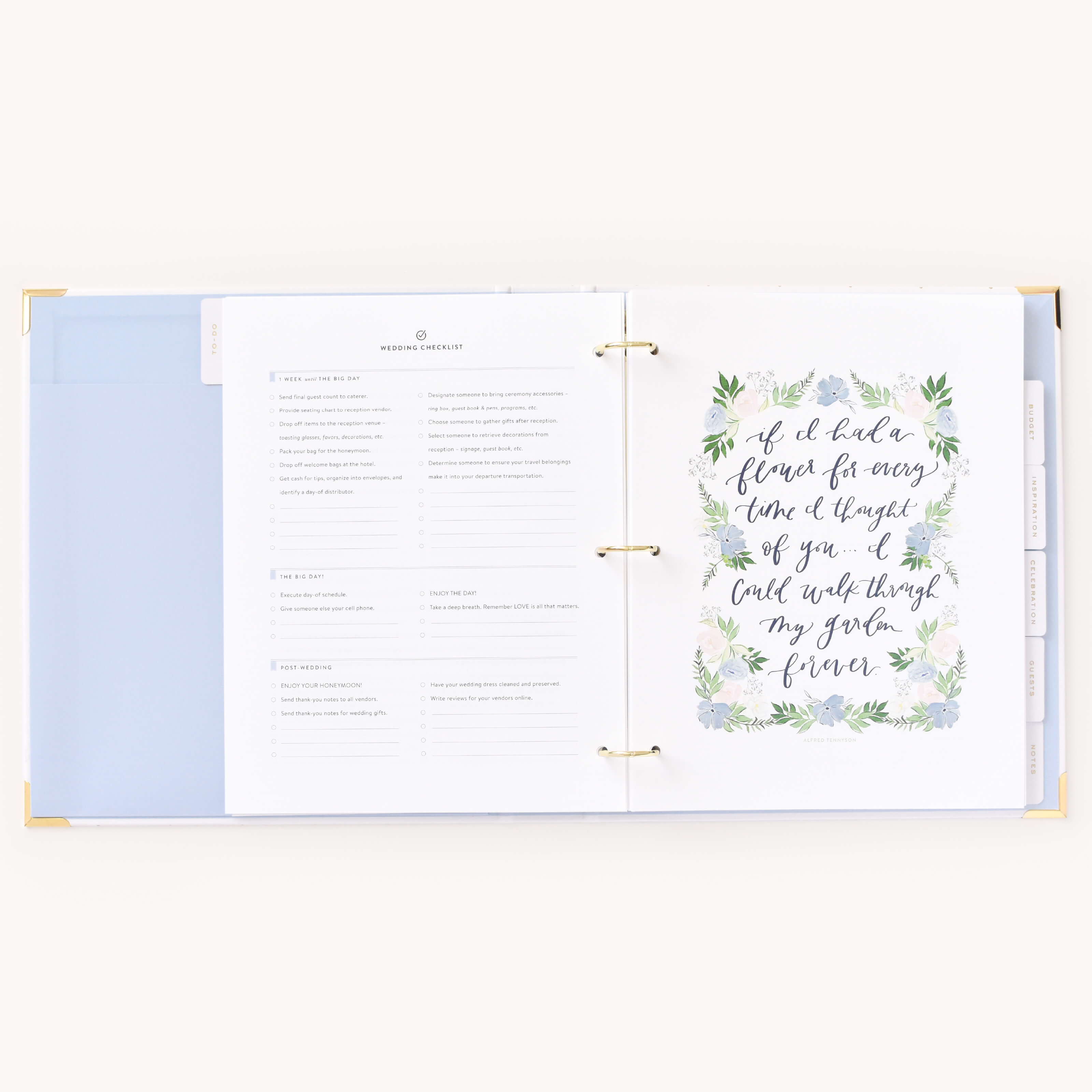 Comprehensive wedding planning checklists accompanied by a watercolor hand-lettered quote within the Simplified Wedding Planner by Emily Ley