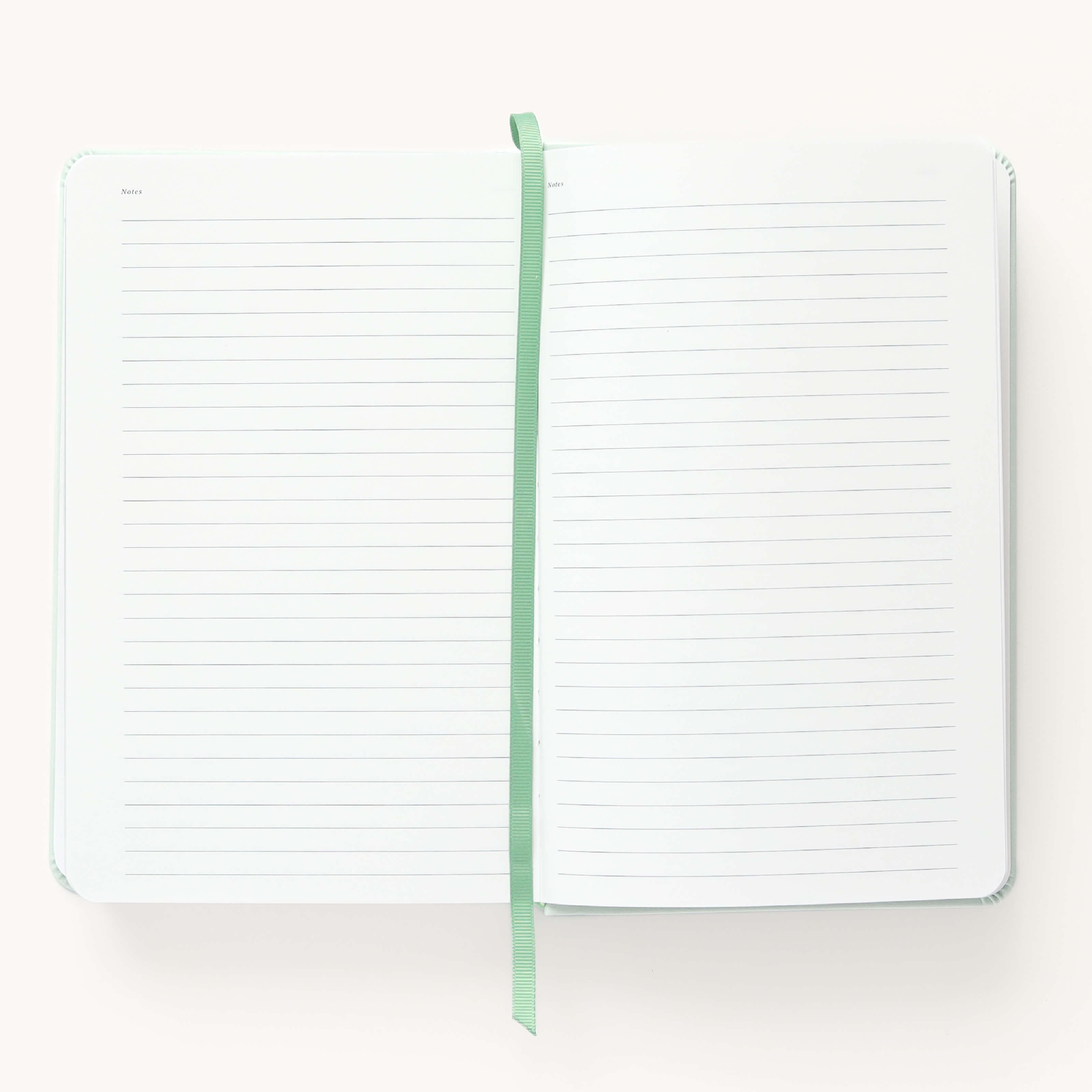 2024-2025 Daily Simplified Planner in the Sea Salt leatherette cover open to the notes pages. Features a two-page spread with blank lined notes pages and sage grosgrain ribbon page marker. 