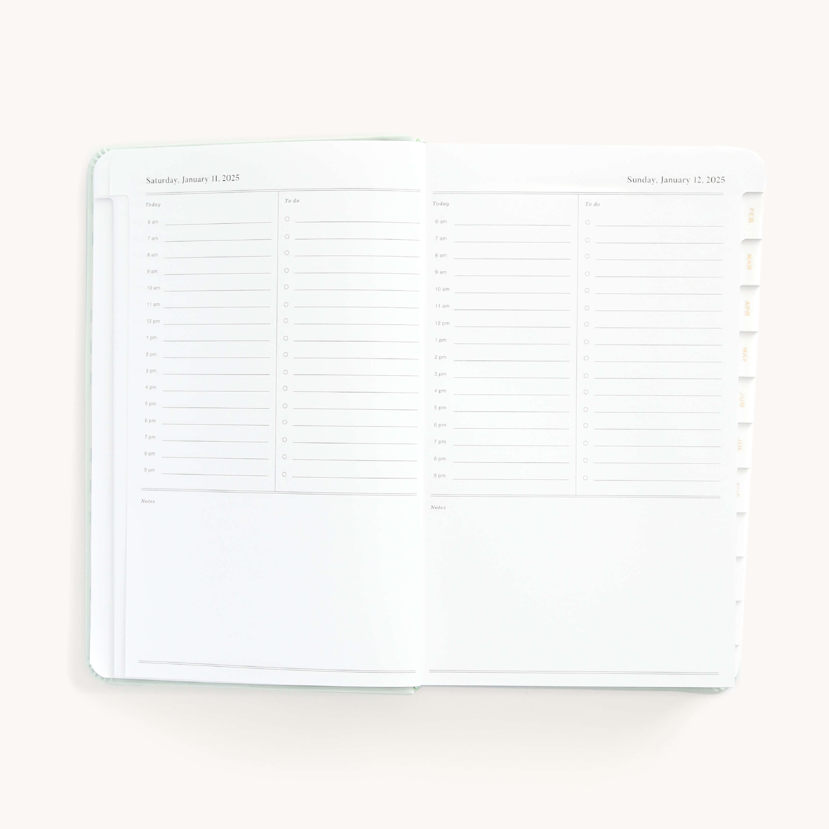 2025 Daily Dapperdesk Planner by Emily Ley in the Sea Salt leatherette cover open to a two-page daily spread featuring Saturday and Sunday. Features a clean, minimalistic design with lined sections for daily tasks, to-do lists, and notes.