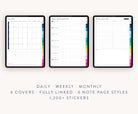 2024-2025 Digital Simplified Planner by Emily Ley displayed on three tablet screens, showcasing monthly, weekly, and daily planning layouts. Fully hyperlinked planner includes six customizable covers, six note page styles, and over 1,200 digital stickers. Optimized for use on iPad and Android tablets with apps like GoodNotes and Notability for seamless digital organization.