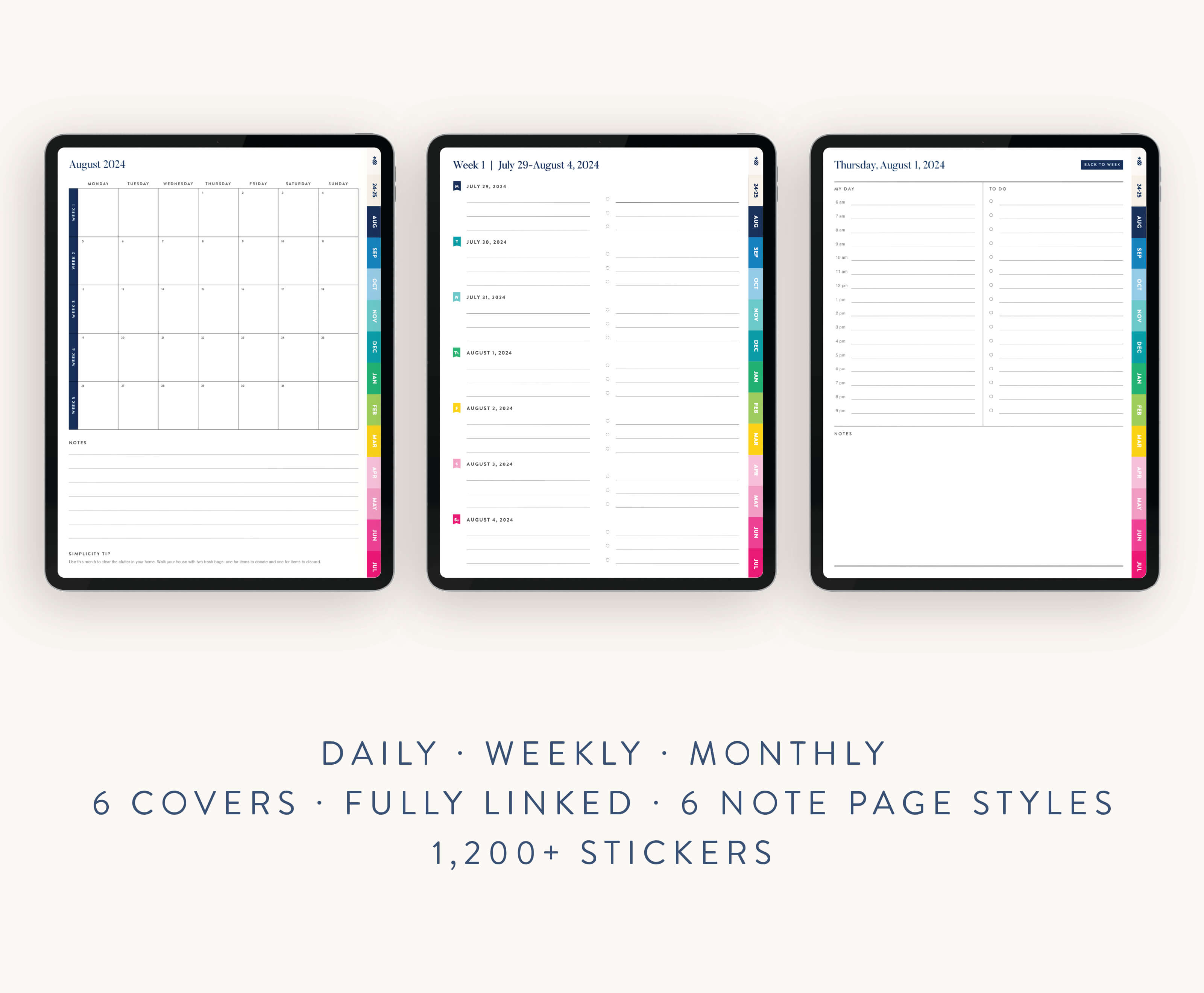 2024-2025 Digital Simplified Planner by Emily Ley displayed on three tablet screens, showcasing monthly, weekly, and daily planning layouts. Fully hyperlinked planner includes six customizable covers, six note page styles, and over 1,200 digital stickers. Optimized for use on iPad and Android tablets with apps like GoodNotes and Notability for seamless digital organization.