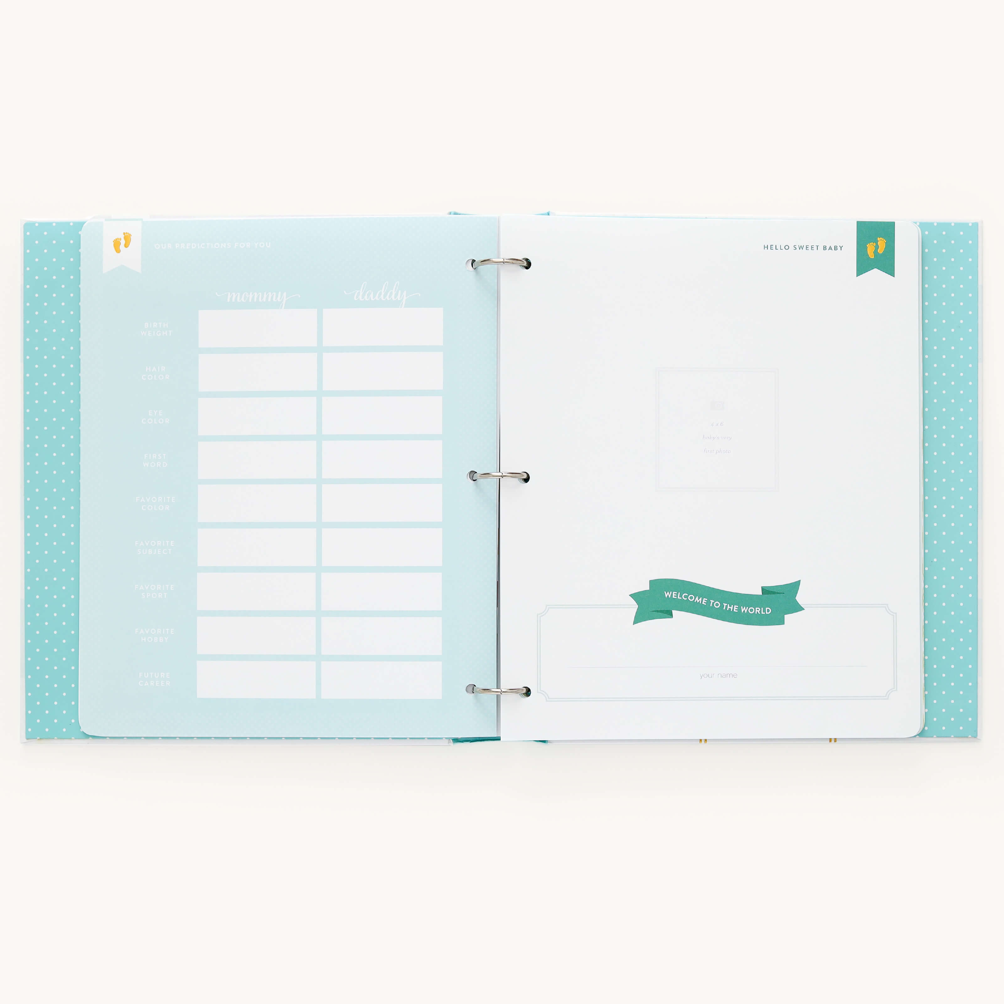 The Simplified Baby Book - Mint, displayed open on a white background, shows light blue pages with grids for mommy and daddy on the left and a green Welcome to the World banner on the right. Both pages are part of customizable page packs included in this binder.