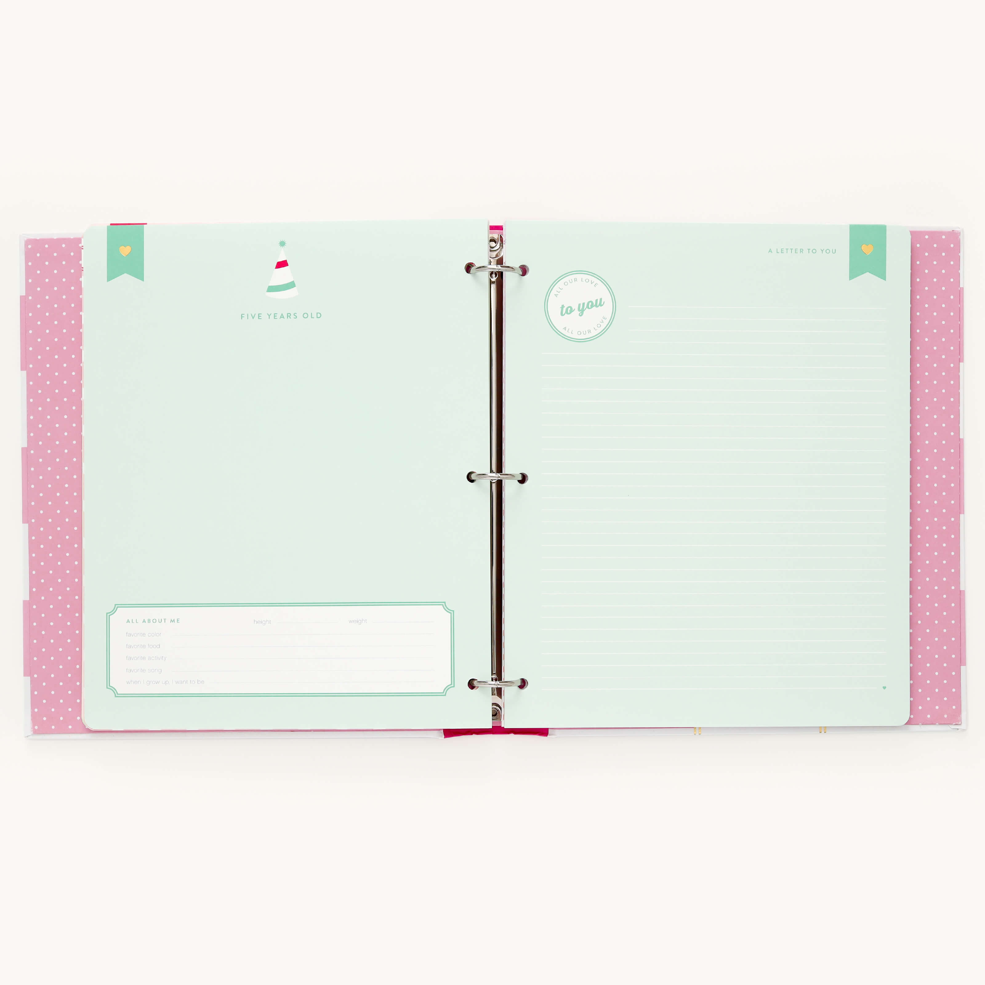 The Simplified Big Kid Book - Raspberry is an open pastel scrapbook with two pages: the left displays a party hat illustration, text for personal information, and the right offers a so good sticker and lined writing space, all bordered in pink with white polka dots.