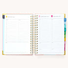 2024-2025 Daily Simplified Planner by Emily Ley in the Cabana Pinstripe cover design open to a two-page weekend spread. Features a clean, minimalistic design with lined sections for daily tasks, to-do lists, and notes. Includes color-coded weekday labels, durable spiral binding, and gold corner protectors. 