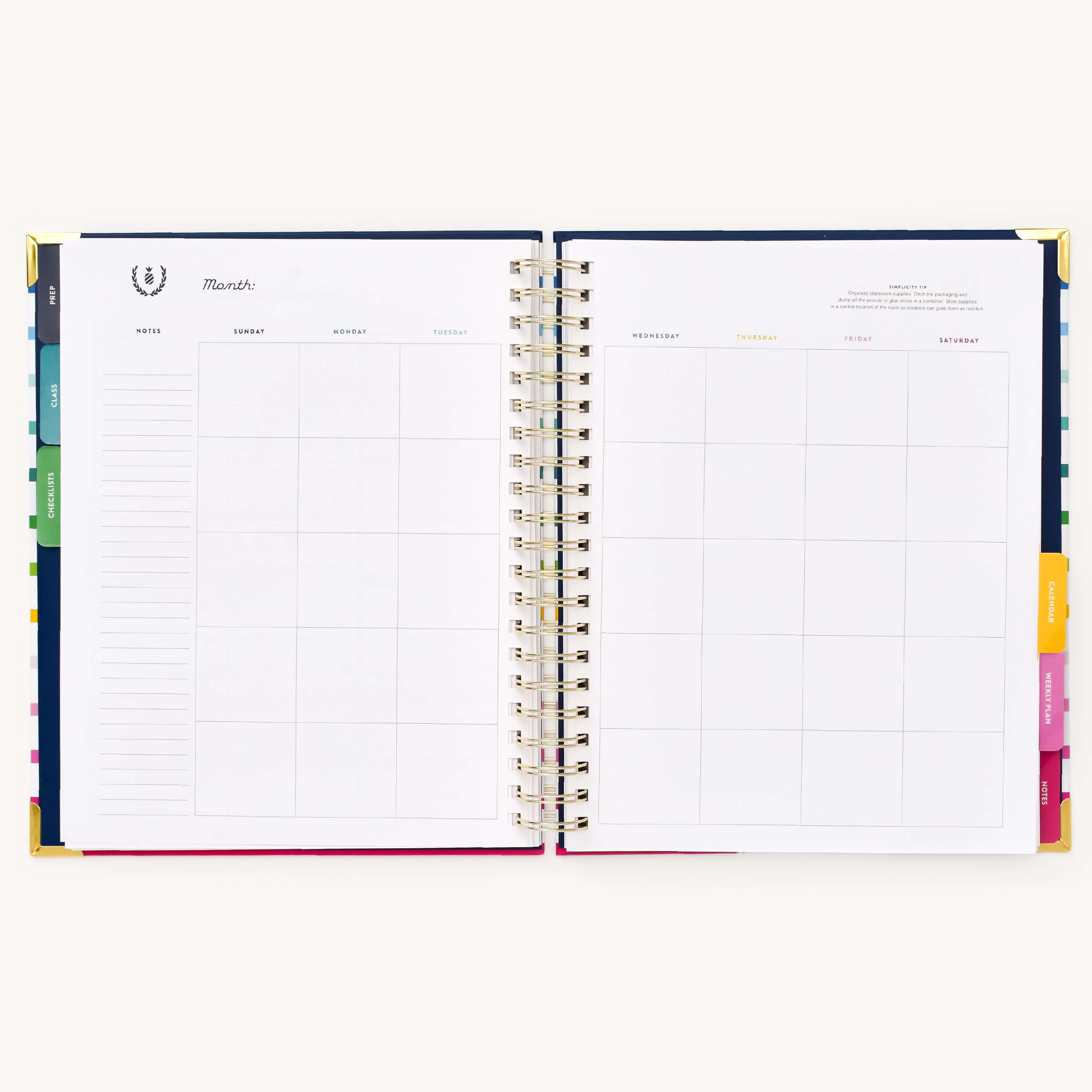 Monthly calendar spread in the Undated Teacher Planner with spacious date boxes for notes and scheduling