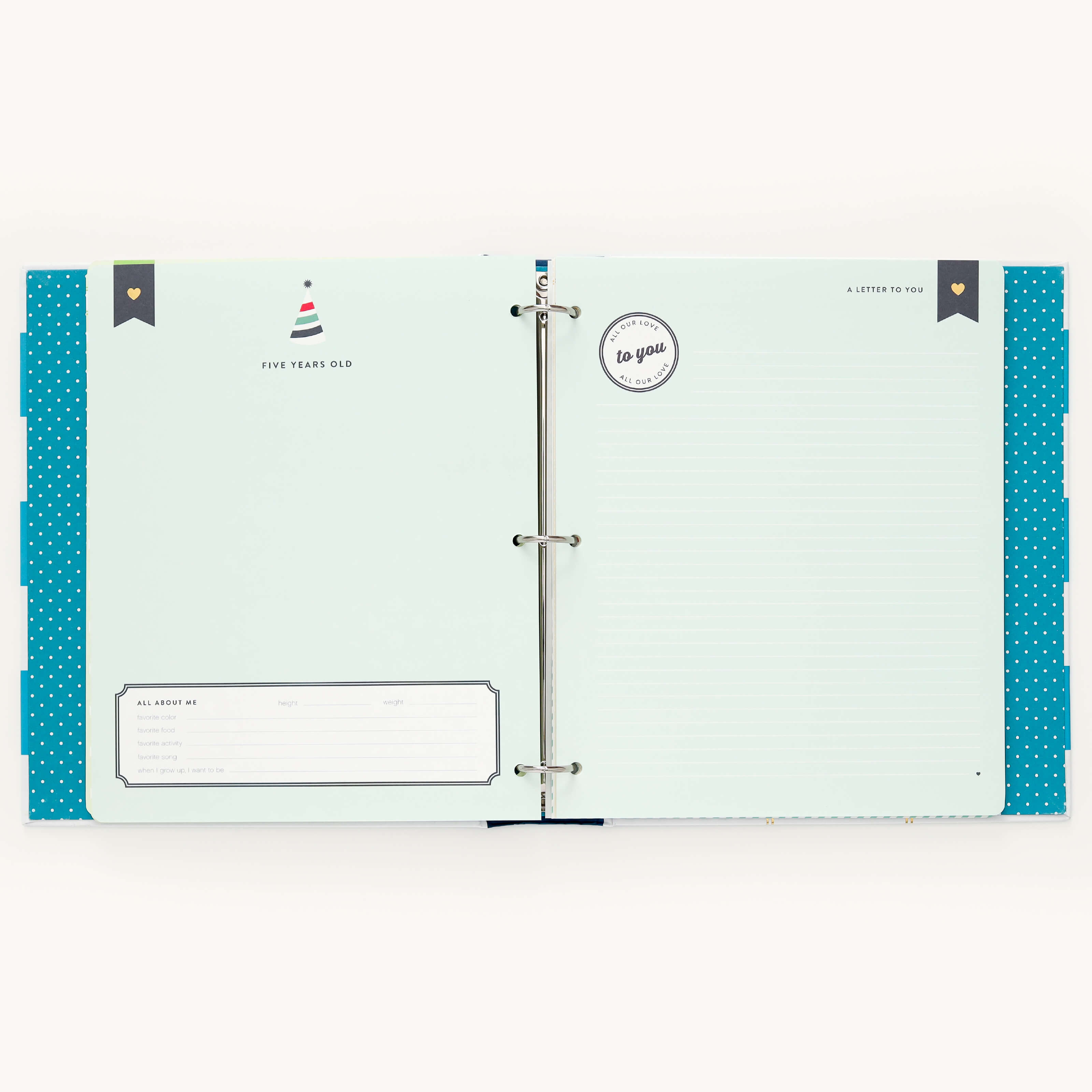 Open the Big Kid Book - Teal by Simplified to pages like Five Years Old, featuring sections like All About Me and A Letter to You. Light blue background with hat graphics and dotted accents highlight growth, perfect for capturing memorable writing.