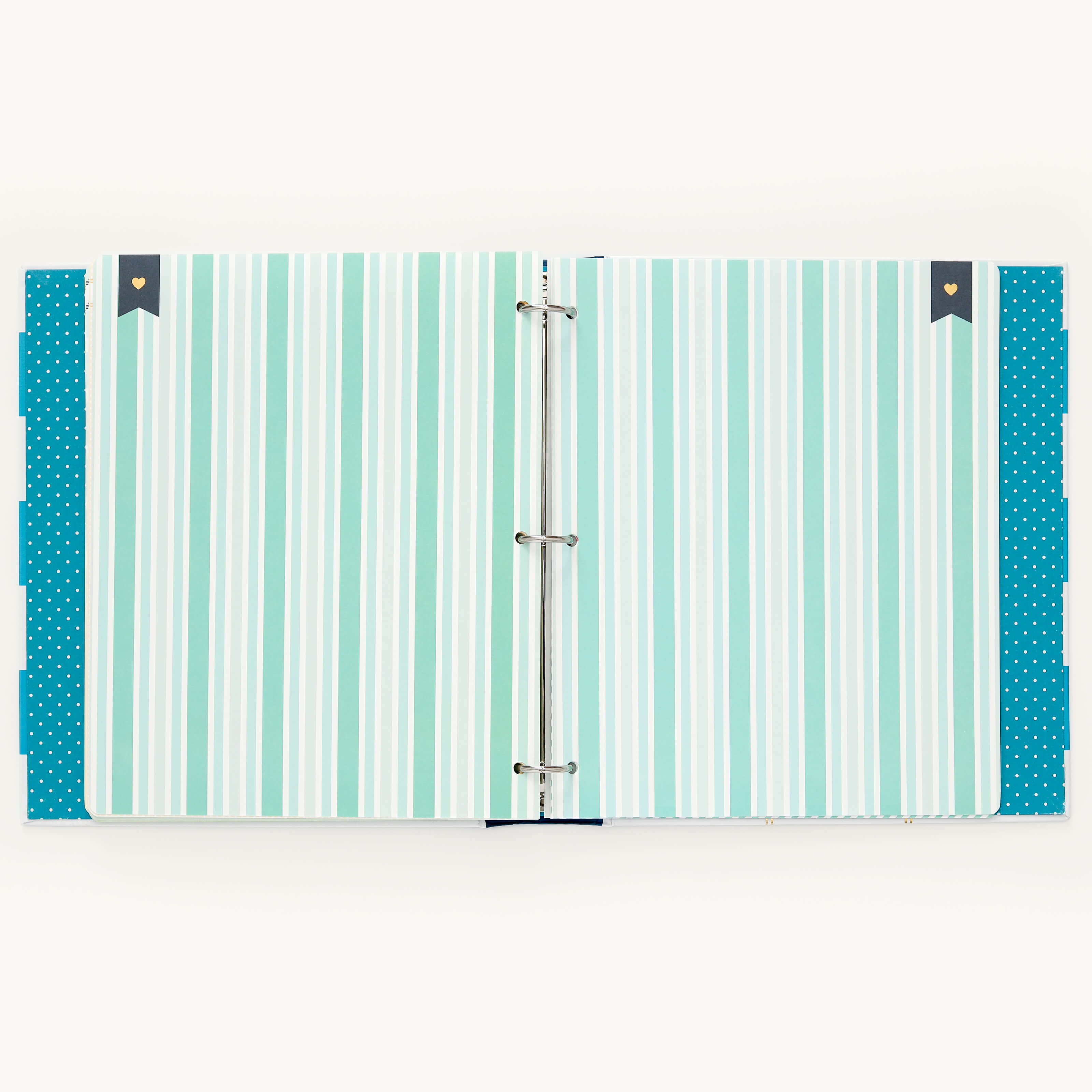 The Simplified Big Kid Book - Teal binder includes turquoise and white striped paper, teal dividers with white polka dots, and dark blue tabs topped with gold heart accents.