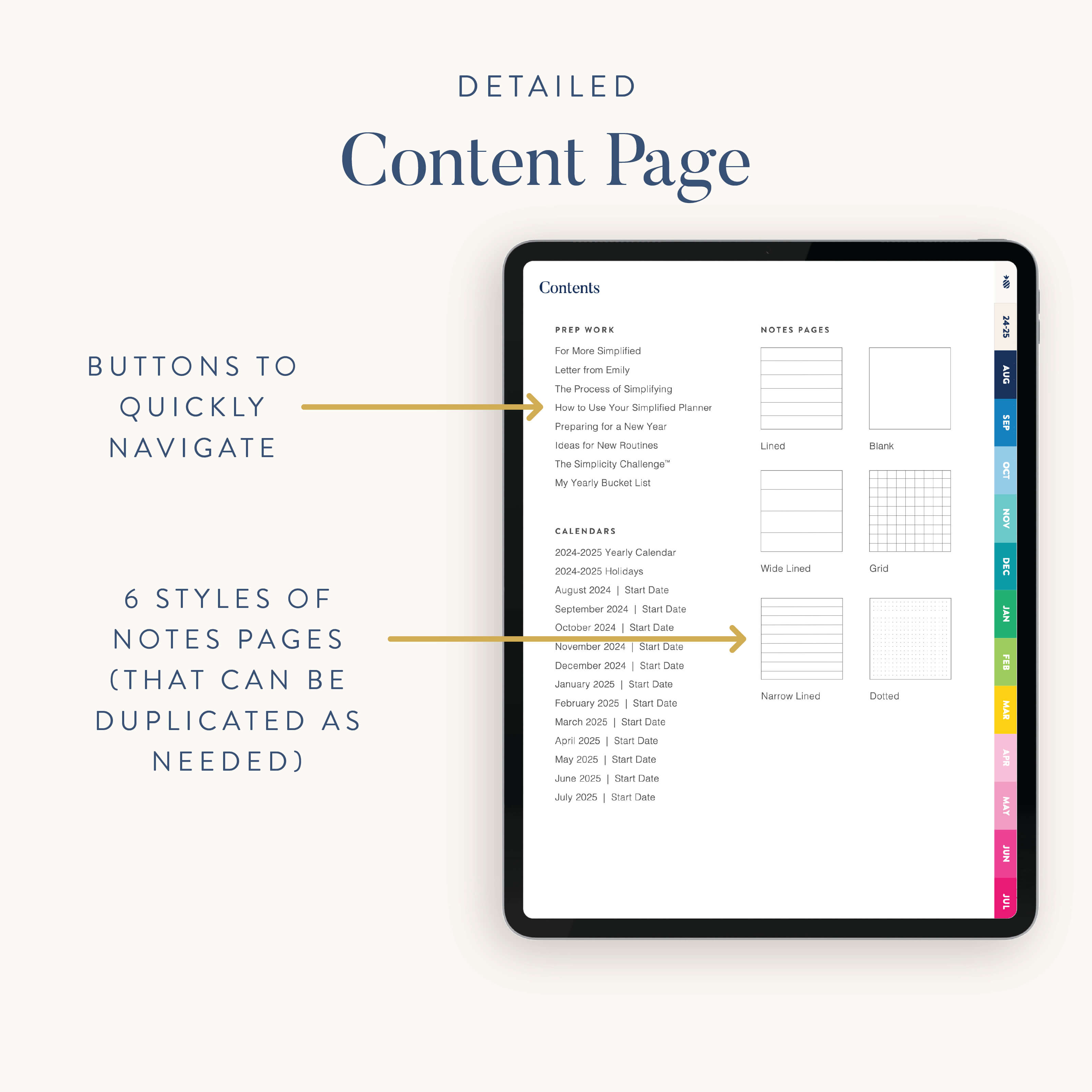 Instructions on how to use the 2024-2025 Digital Simplified Planner by Emily Ley Contents page