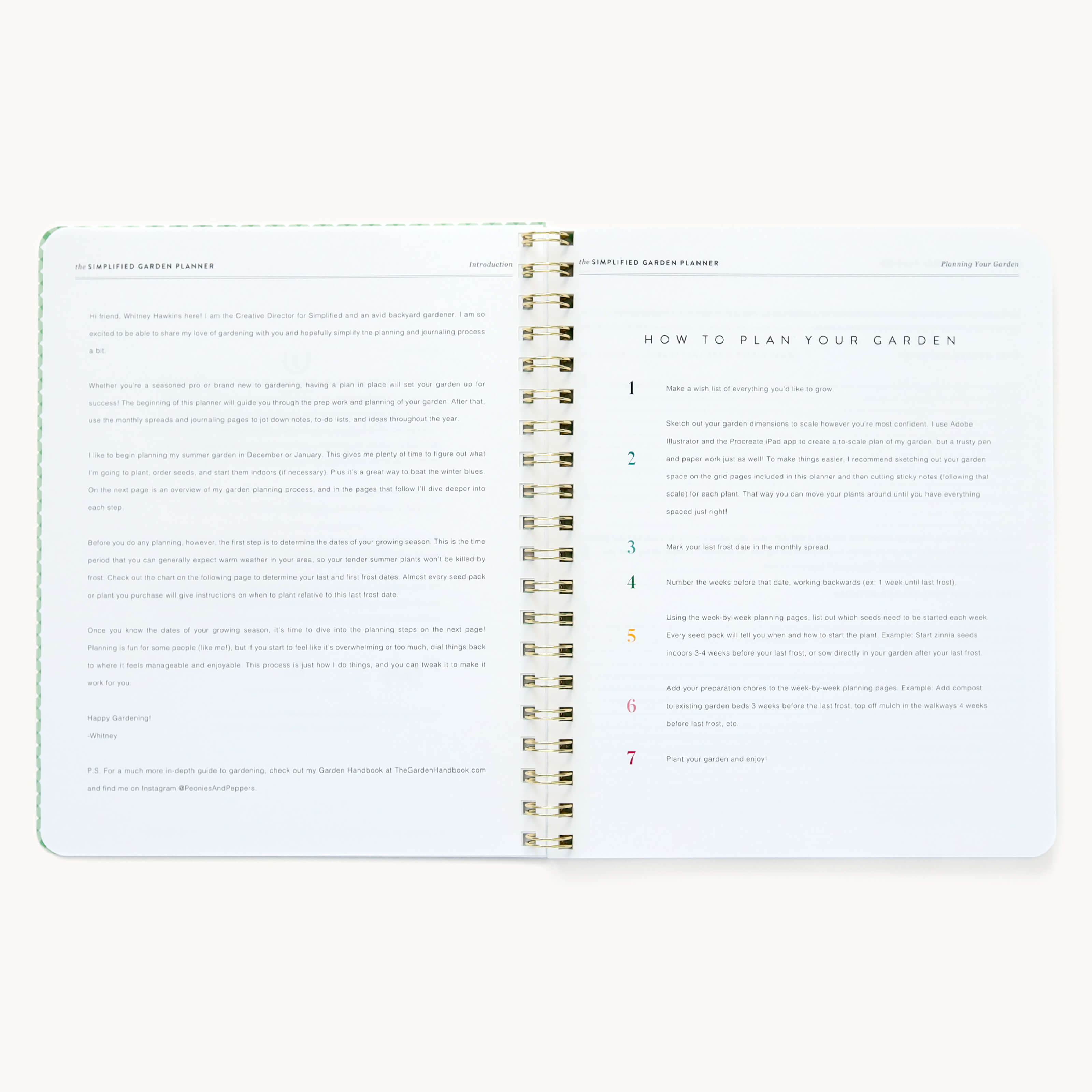 Simplified Garden Planner by Emily Ley open to the Introduction and 'How to Plan Your Garden' pages. The left page provides a welcome message and guidance on seasonal garden planning, while the right page features a step-by-step guide for creating a structured garden plan, from making a plant wish list to tracking frost dates and mapping garden layouts.