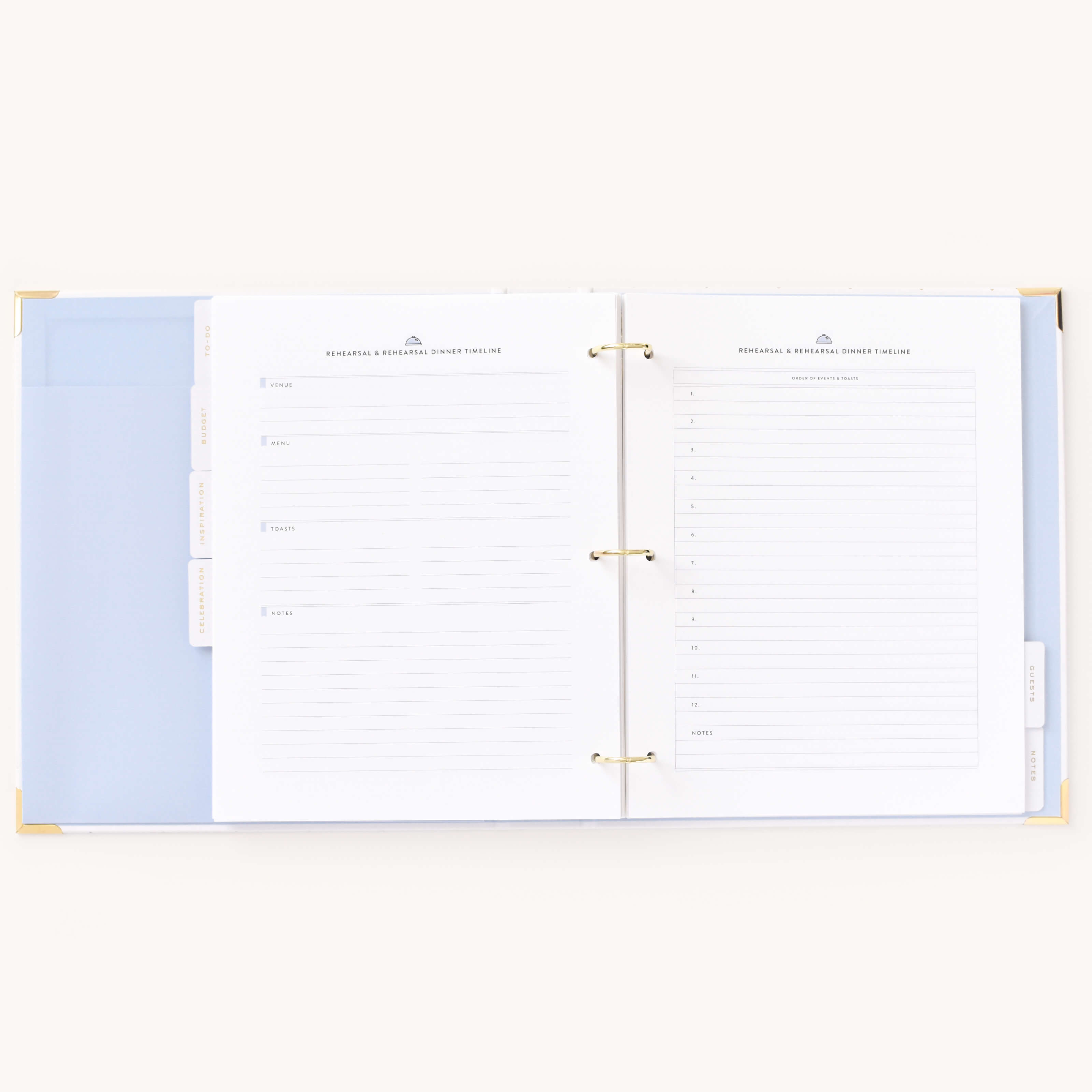 Detailed rehearsal and rehearsal dinner timeline pages in the Simplified Wedding Planner.