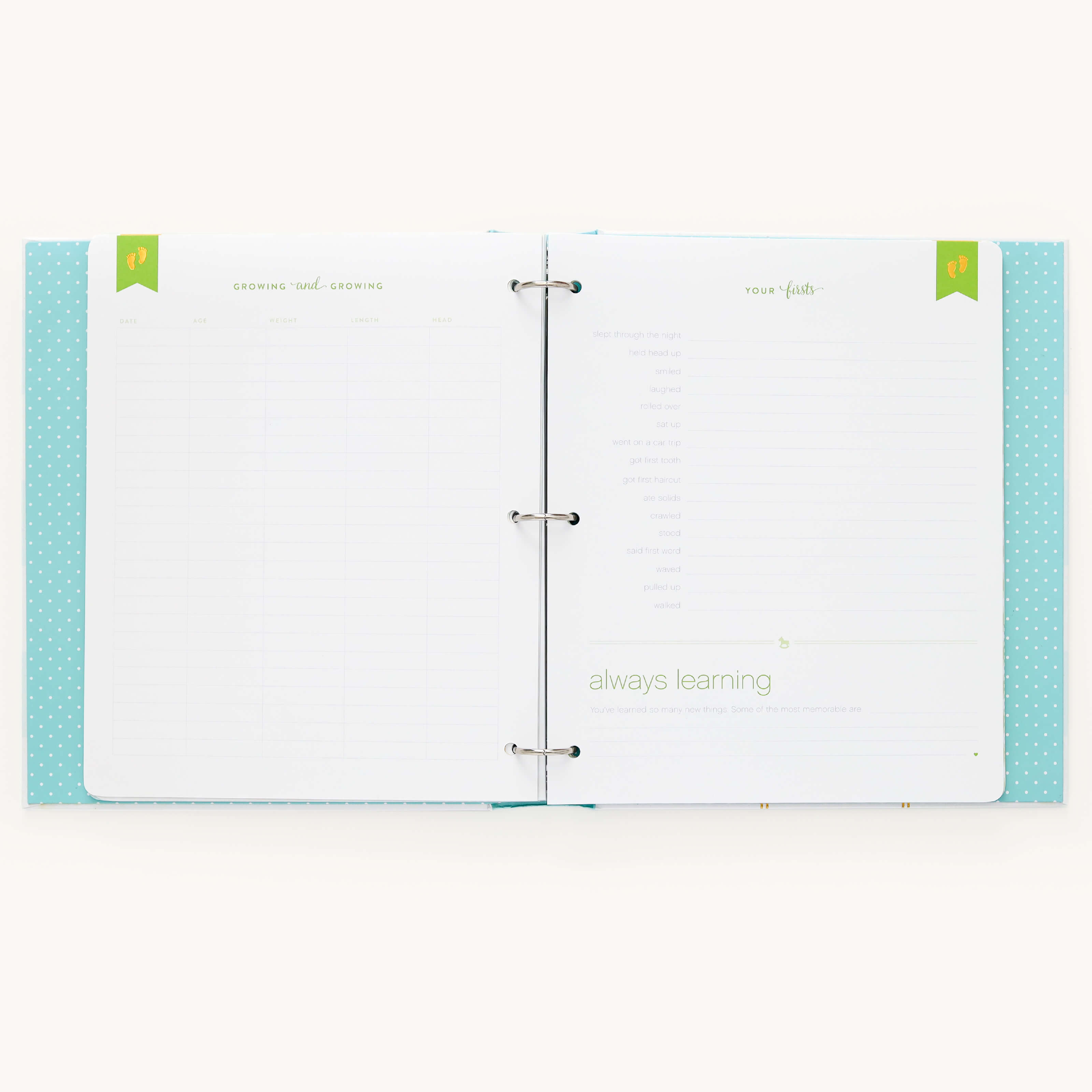 The Baby Book - Mint by Simplified features a light blue cover with white polka dots. Inside, green and grey text on white pages outline sections for goal tracking, notes, and guided writing under Growing and Your Focus headings, creating a charming customizable planner.