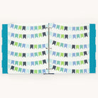 An open scrapbook, like the Big Kid Book - Teal by Simplified, has pastel blue, green, and gray hanging banners on each page. Featuring a ring binder and a blue polka dot border, its ideal for documenting a childs growth journey.