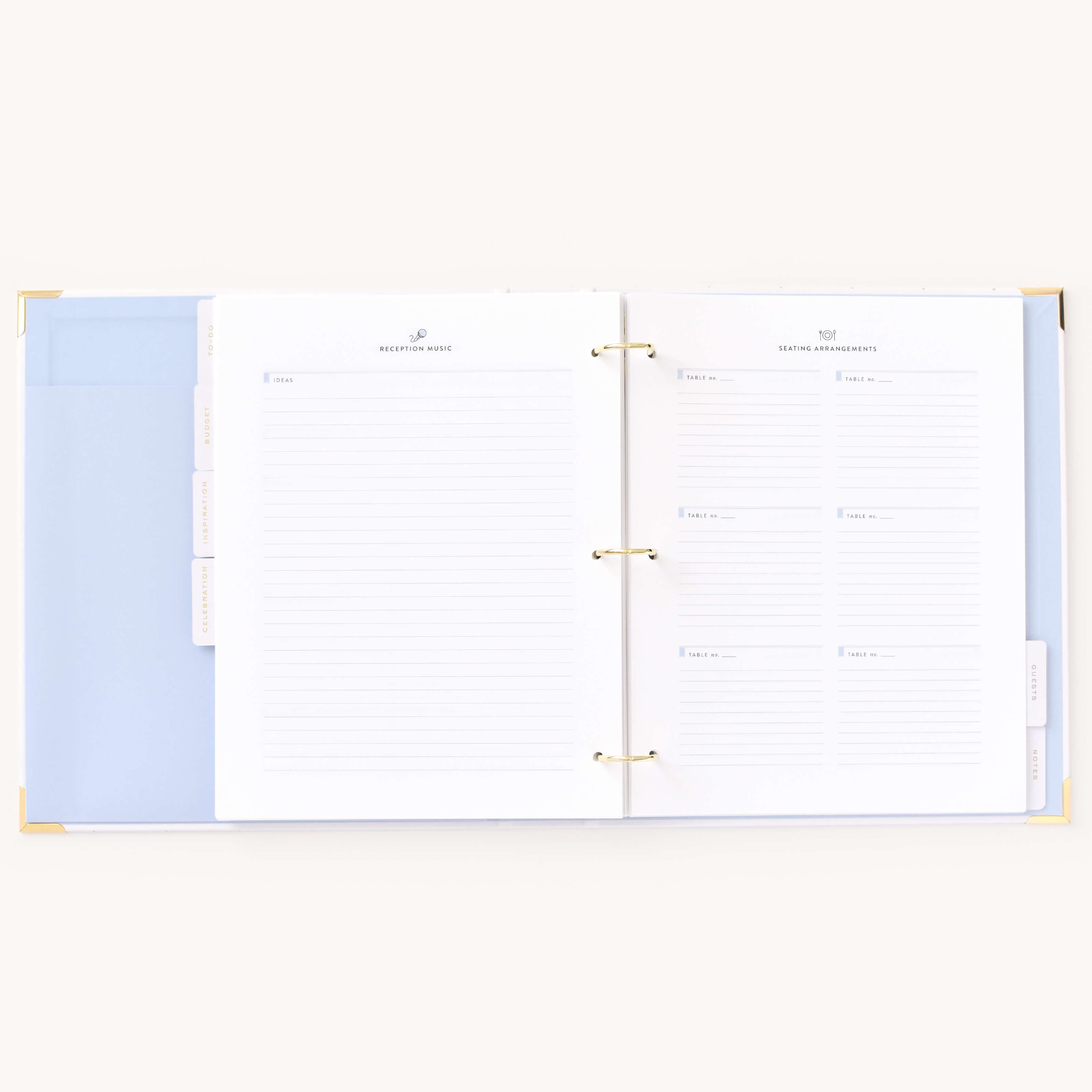 Pages dedicated to planning reception music and seating arrangements in the Simplified Wedding Planner.