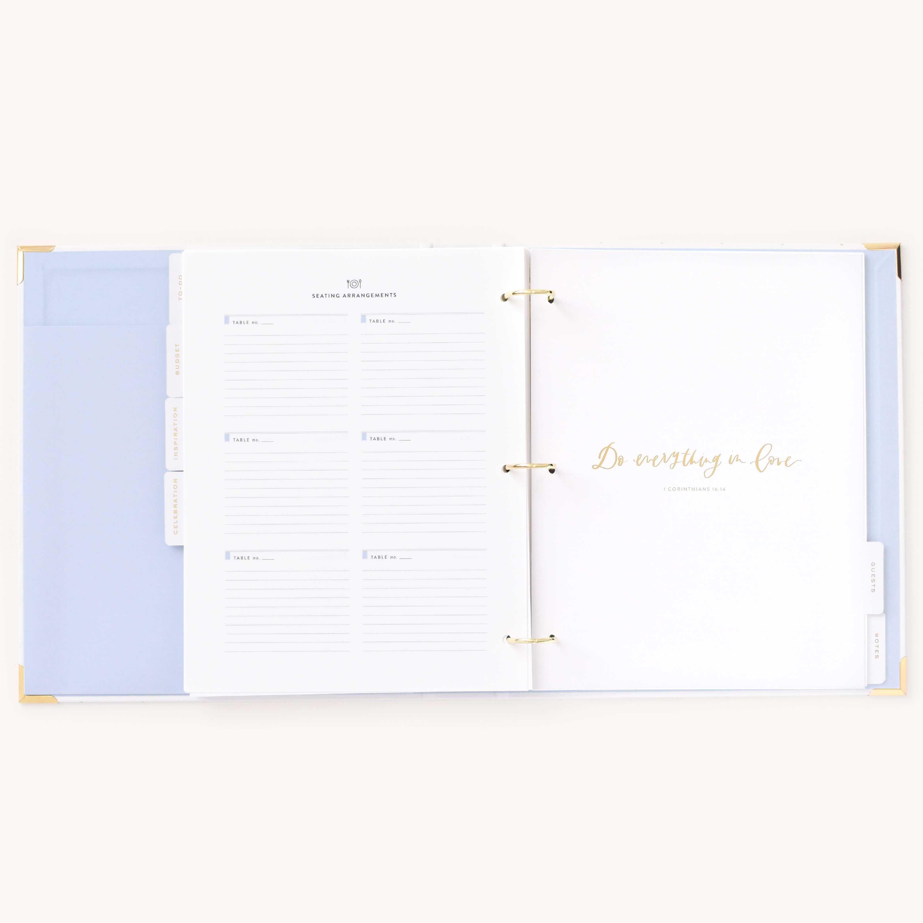 Seating arrangement planning pages accompanied by an inspirational quote in the Simplified Wedding Planner.