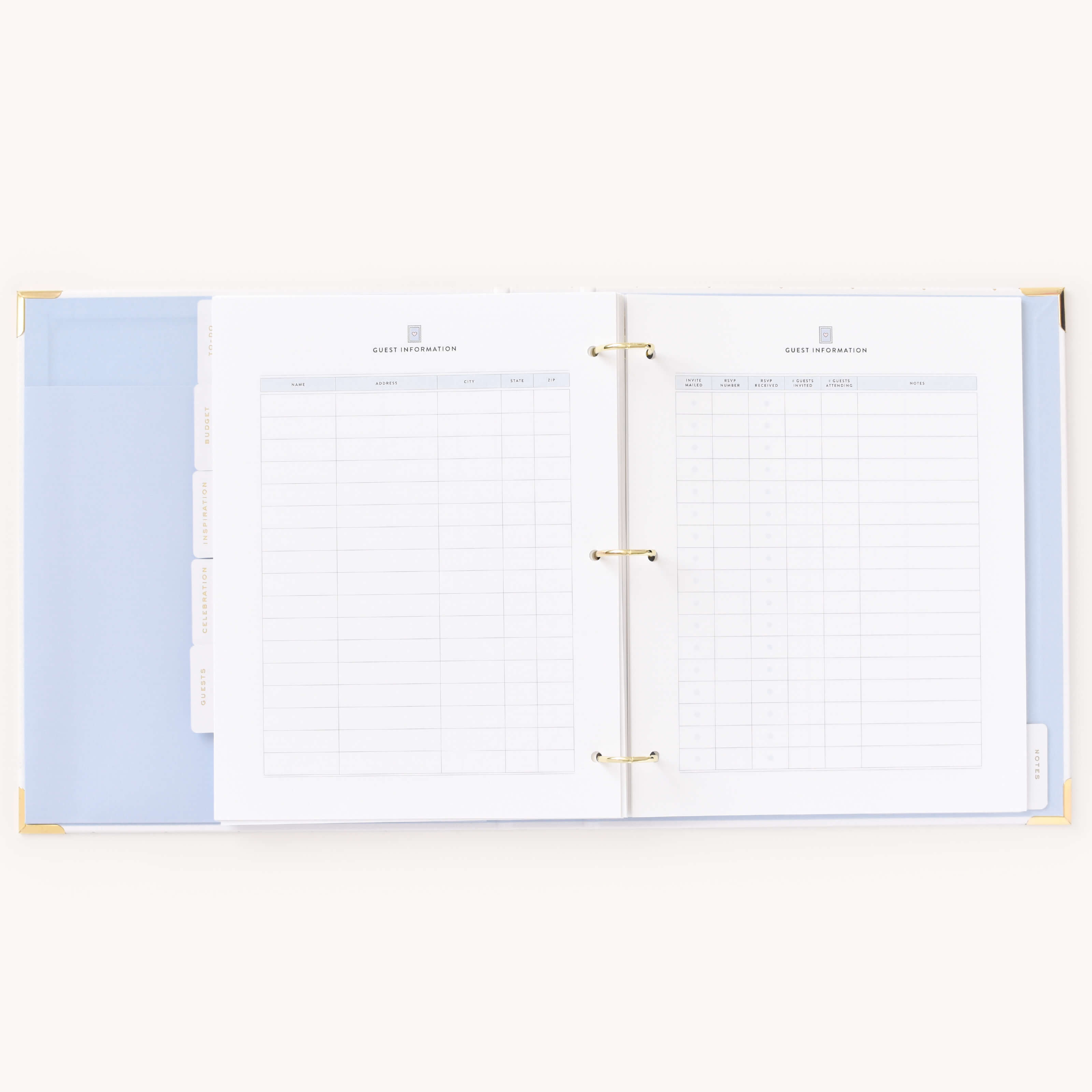 Sections for guest address and RSVP tracking in the Simplified Wedding Planner by Emily Ley.