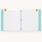 The Baby Book - Mint by Simplified features a light blue polka-dotted cover and metal rings. Inside, a customizable Our Favorite Memories page pack includes white pages with dotted lines for guided writing. Orange and red bookmark tabs help organize your precious moments.