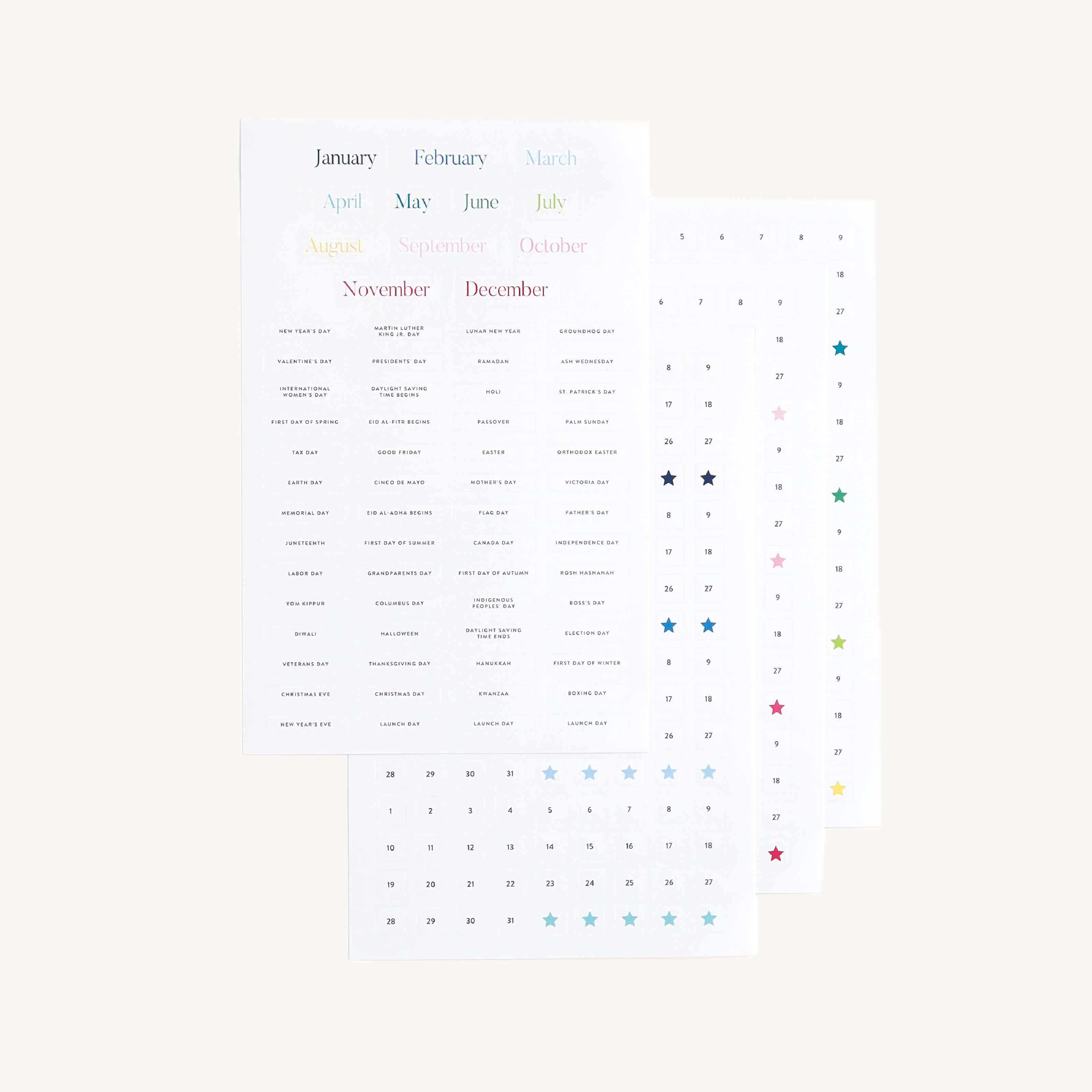 Simplified by Emily Ley | Dated Sticker Set featuring four sheets with 116 stickers for monthly, daily, and holiday planning. 