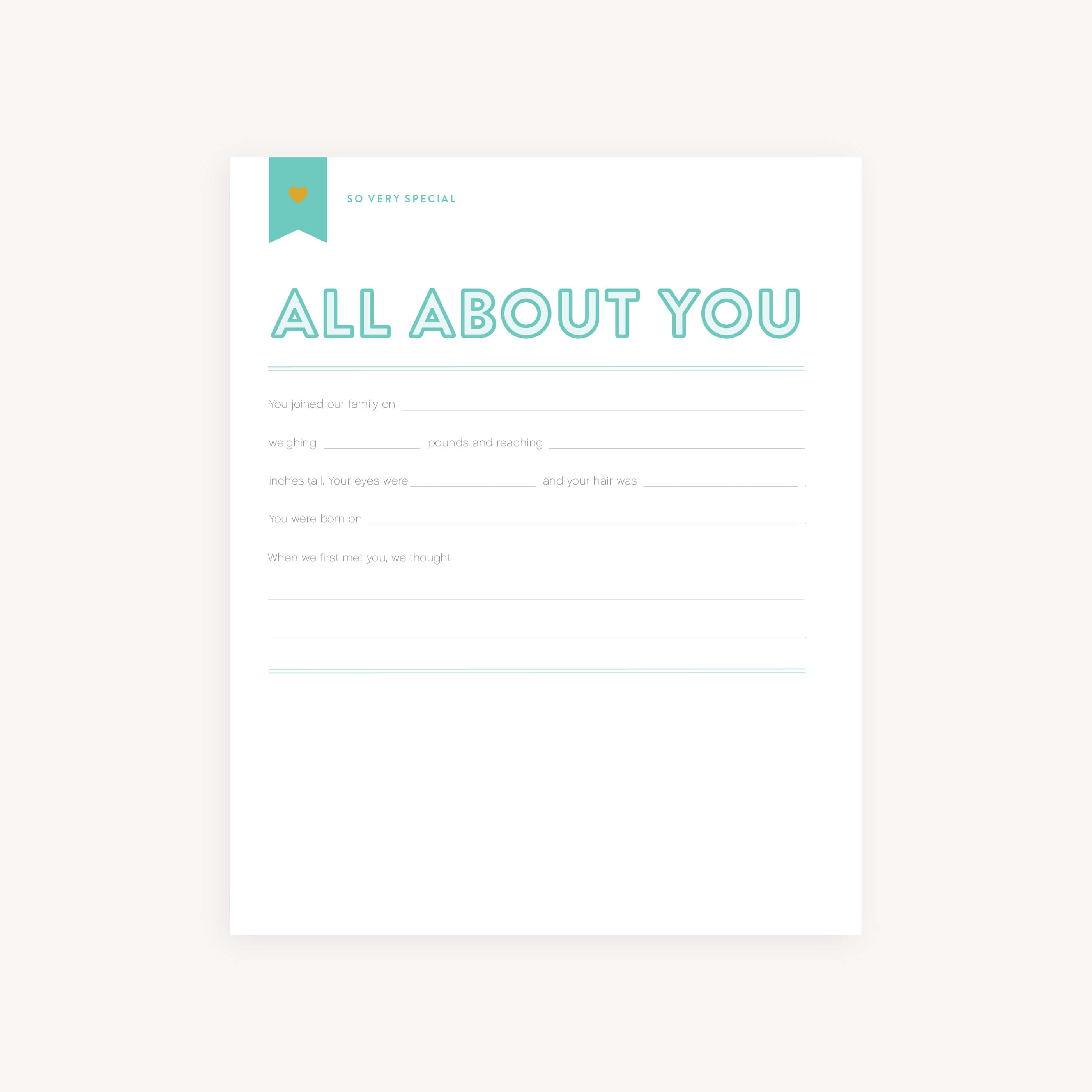 'All About You' page, providing space to detail the foster child's personal characteristics and background.