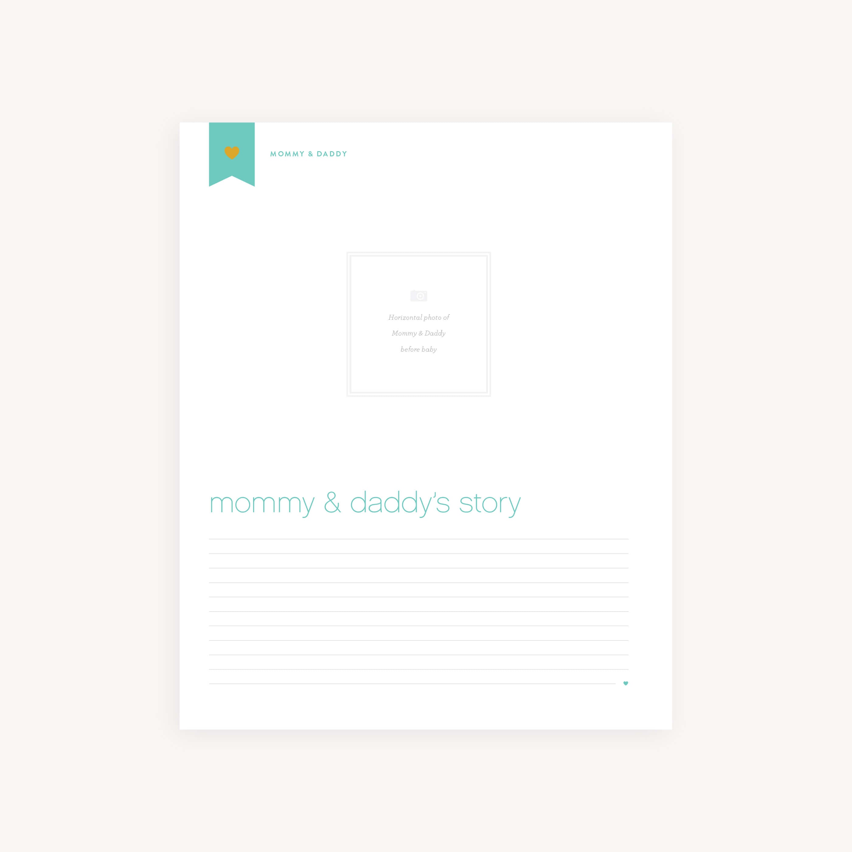 Mommy & Daddy's Story' page from the Baby Book Page Pack, providing space to share the parents' journey and background.