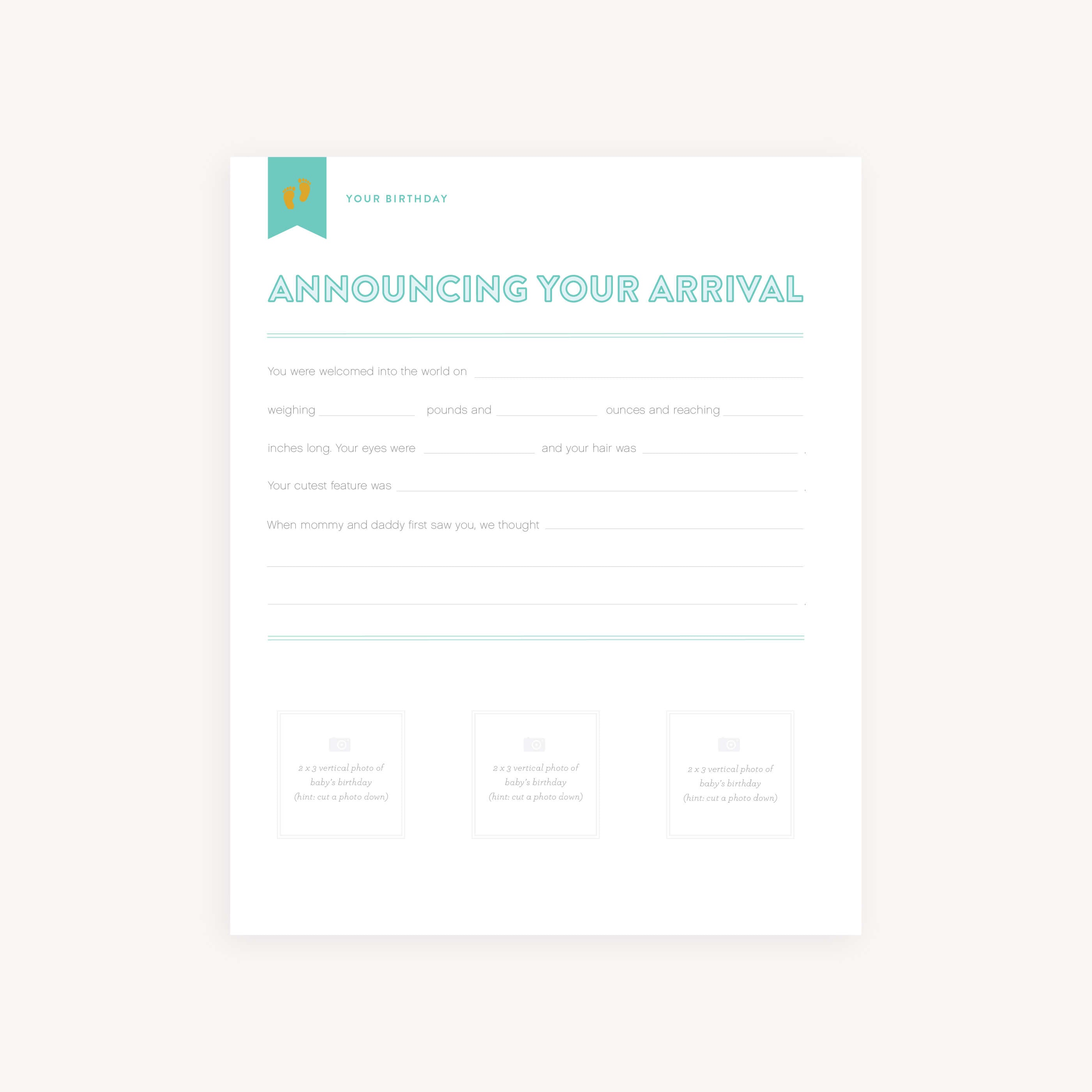 'Announcing Your Arrival' page, designed to showcase birth announcements and messages from loved ones.