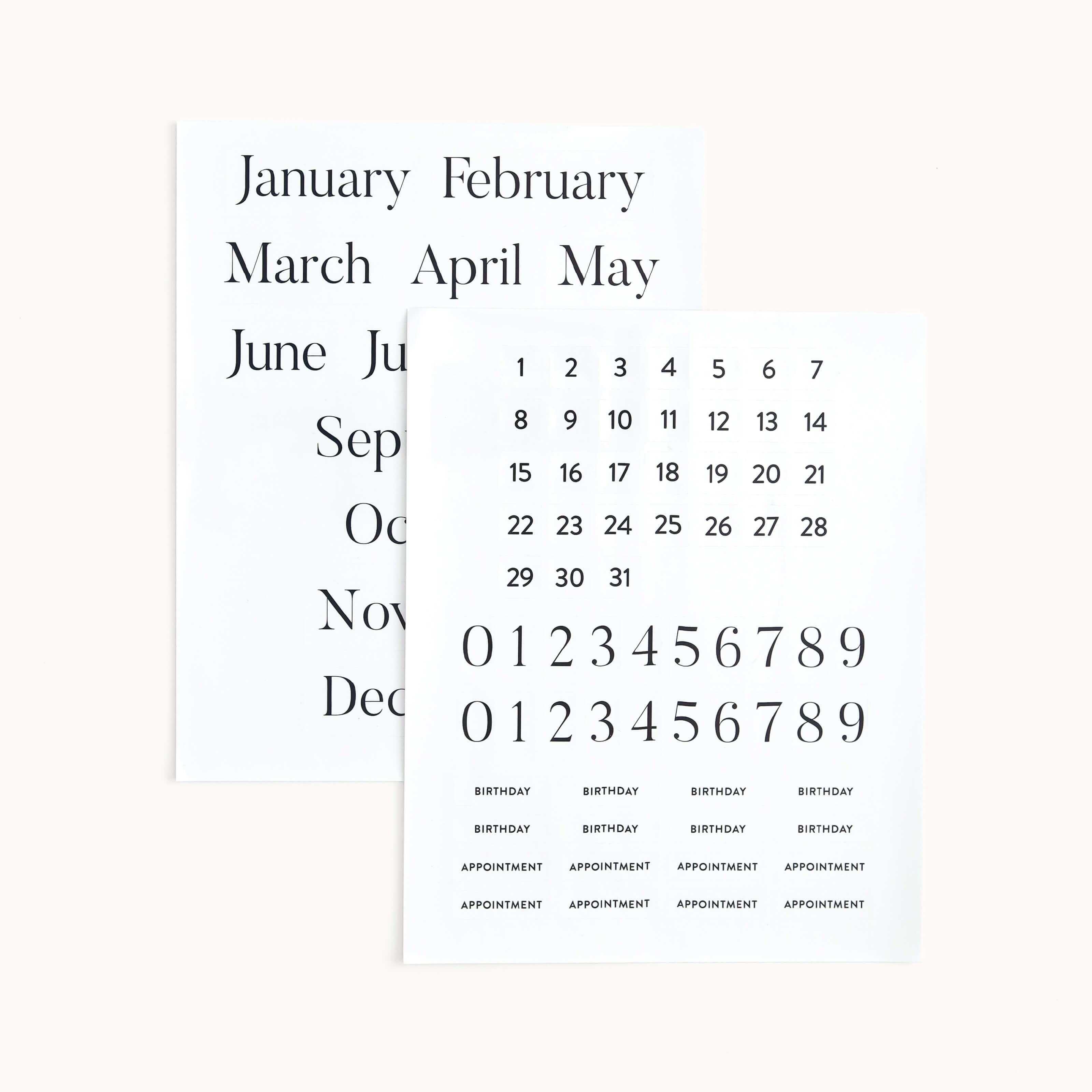 Two minimalist pages on a light background feature the Simplified Cling Sticker Set - Months. One lists January to December for monthly labeling, while the other includes numbers and words like BIRTHDAY and APPOINTMENT, perfect for customizing an acrylic wall calendar.