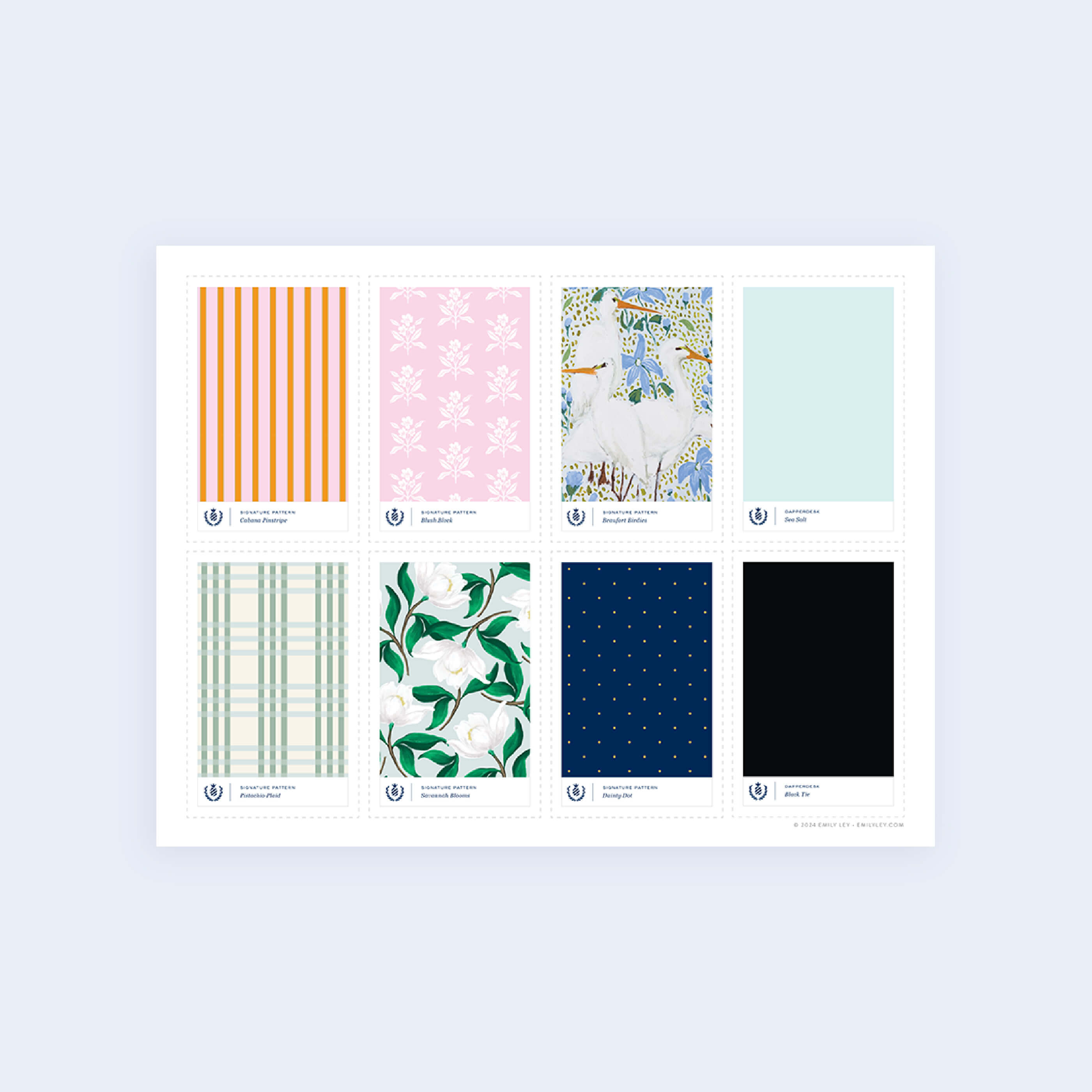 The 2024 Swatchbook by Simplified offers a grid of eight stamp designs: orange stripes, pink floral, cranes in a pond, solid mint, green plaid, white flowers on black, small gold dots on blue, and solid black, each featuring a logo and text beneath.