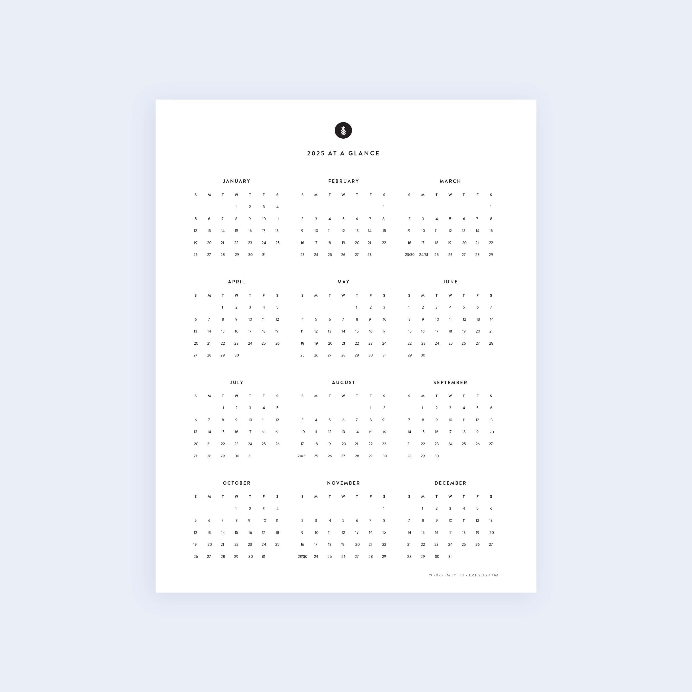 The 2025 Calendar - Printable by Simplified is a minimalist design featuring all twelve months in a grid format on a light blue background, with days of the week at the top.