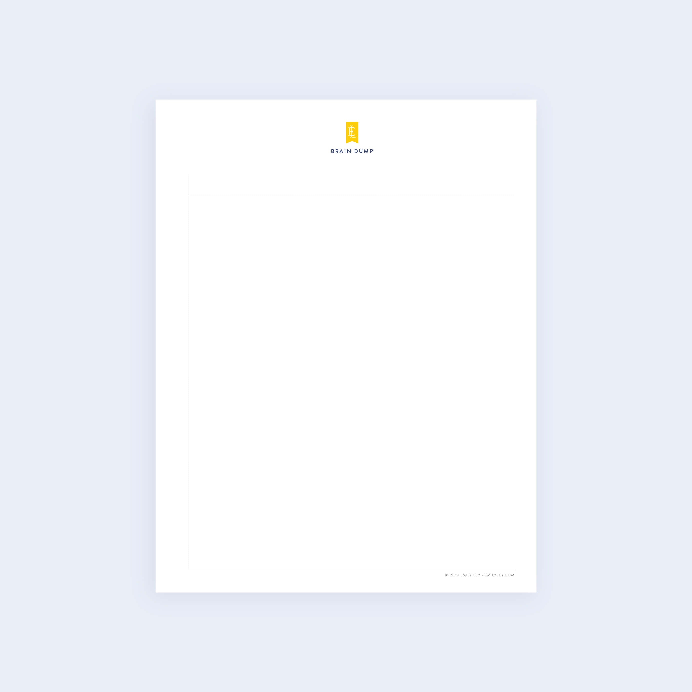 A Brain Dump titled blank sheet from Simplified features a small yellow box logo above the text. It has a soft blue background with a thin top border.