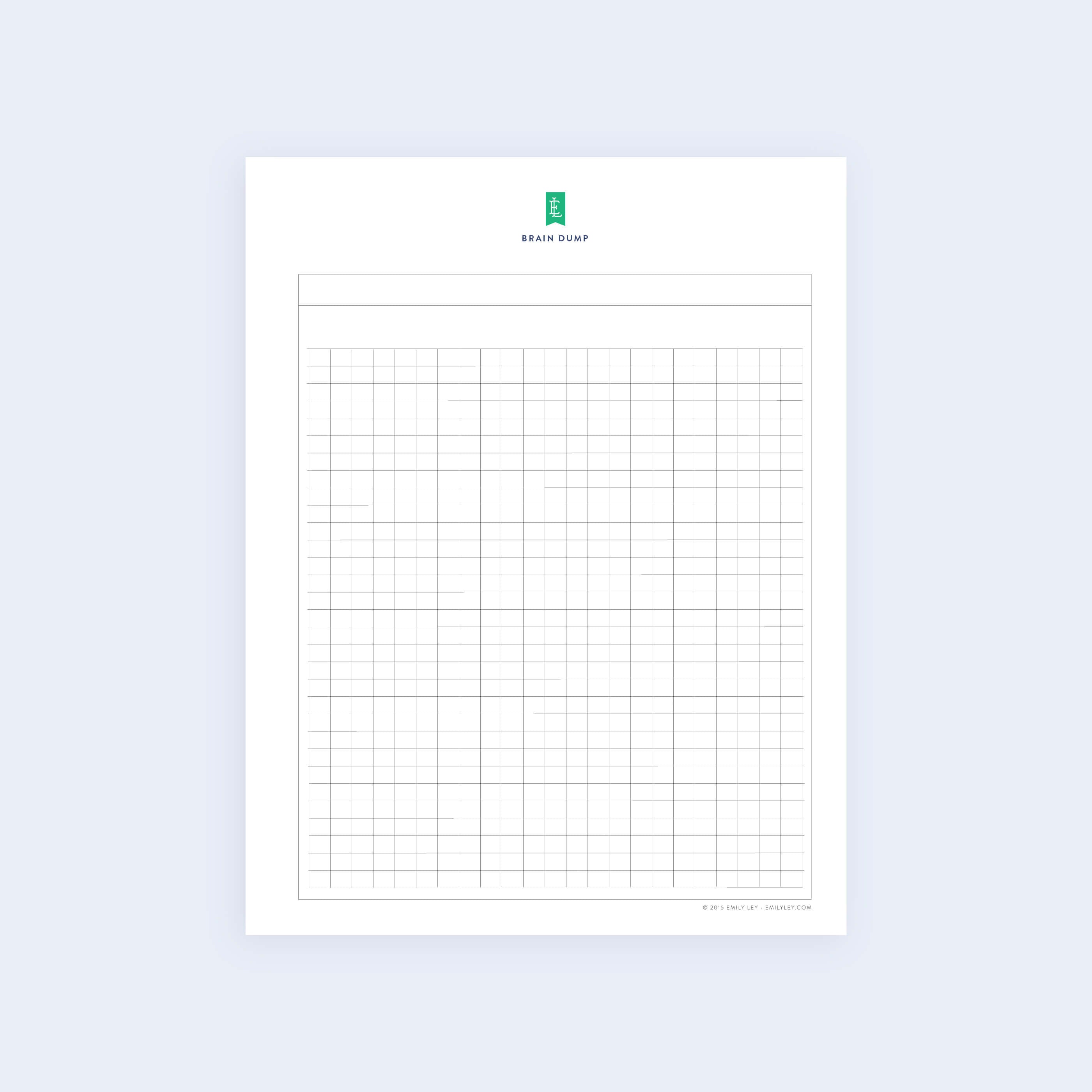 The Graph Paper - Printable by Simplified is a blank notepad page titled Brain Dump featuring a grid layout for organizing thoughts, with a minimalistic design on a light blue background.